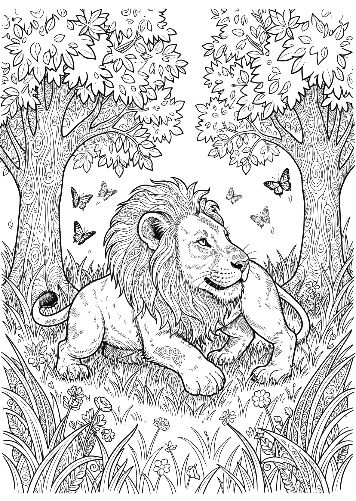 Ausmalbild Löwenjunges spielt im Gras mit Schmetterlingen - Ausmalbild aus der Kategorie Tiere - kostenlos ausdrucken