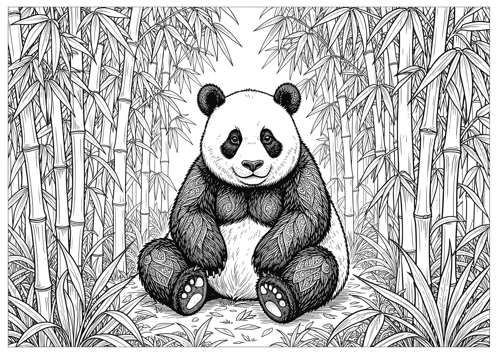Ausmalbild Panda sitzt im Bambuswald mit vielen - Ausmalbild aus der Kategorie Tiere - kostenlos ausdrucken