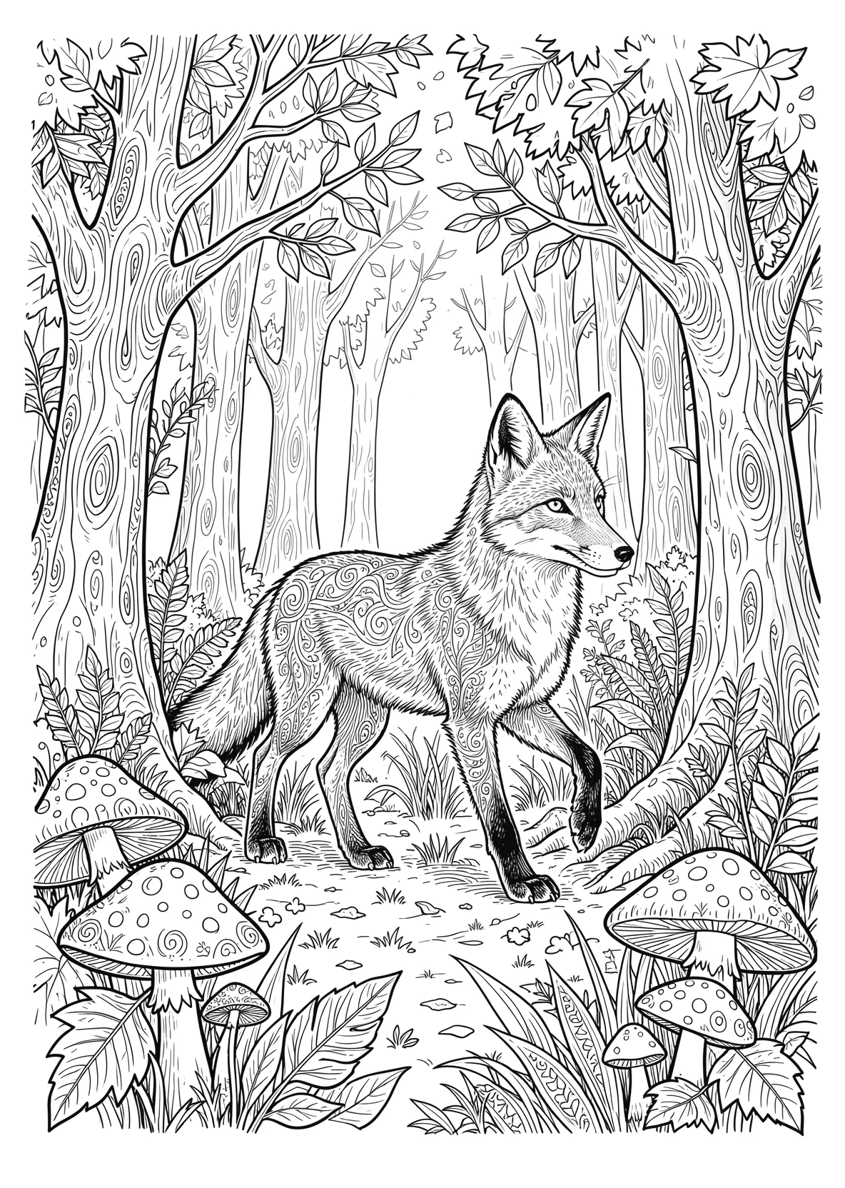 Ausmalbild Fuchs läuft durch einen Wald mit Pilzen - Ausmalbild aus der Kategorie Tiere - kostenlos ausdrucken