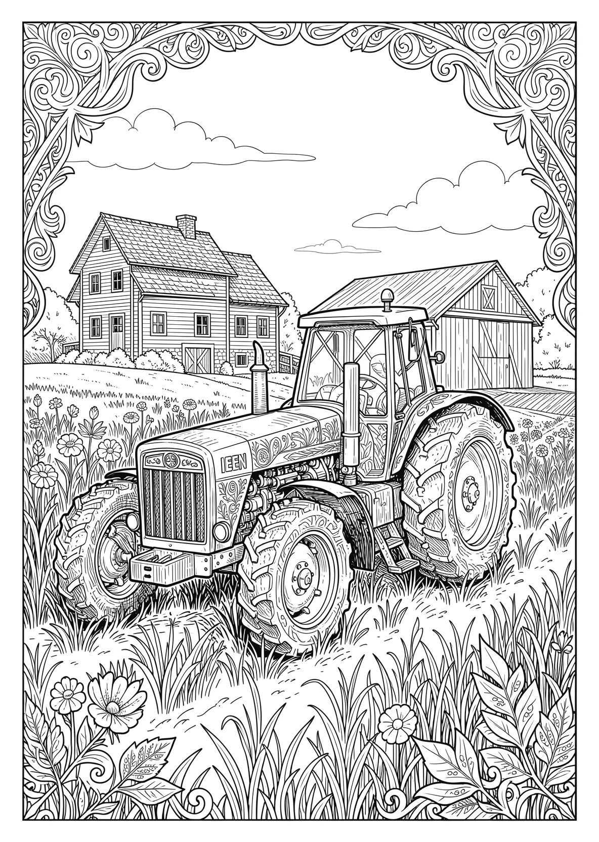 Ausmalbild Traktor fährt über ein Feld mit Bauernhaus - Ausmalbild aus der Kategorie Fahrzeuge - kostenlos ausdrucken