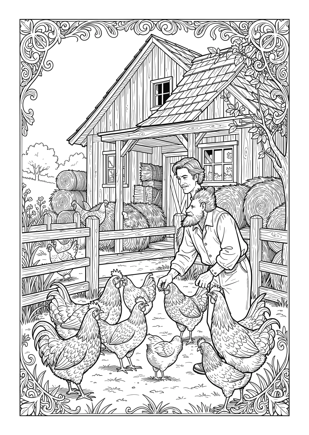 Ausmalbild Bauer füttert Hühner vor einer Scheune mit Zaun - Ausmalbild aus der Kategorie Tiere - kostenlos ausdrucken