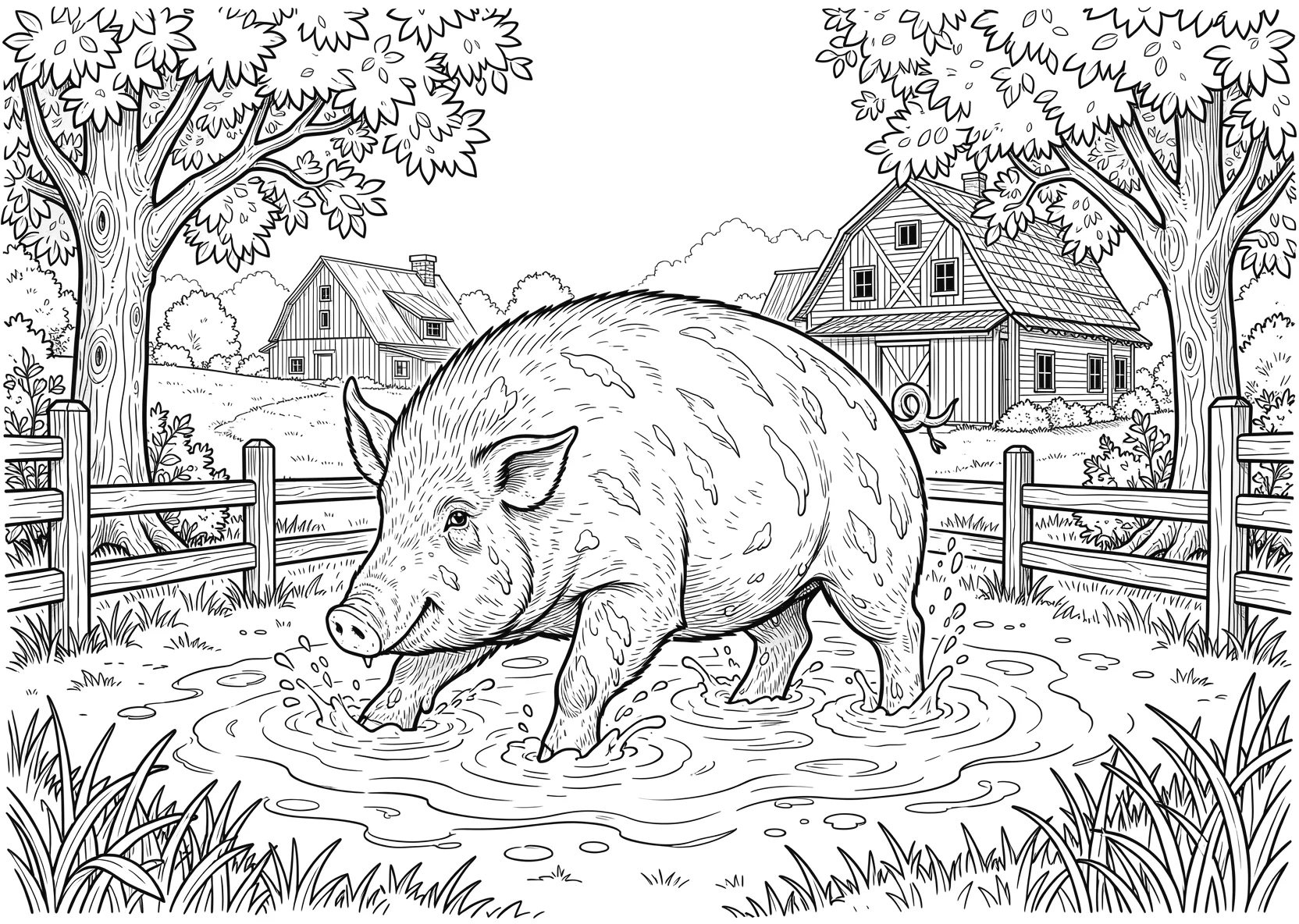 Ausmalbild Schwein spielt im Schlamm mit Zaun - Ausmalbild aus der Kategorie Tiere - kostenlos ausdrucken