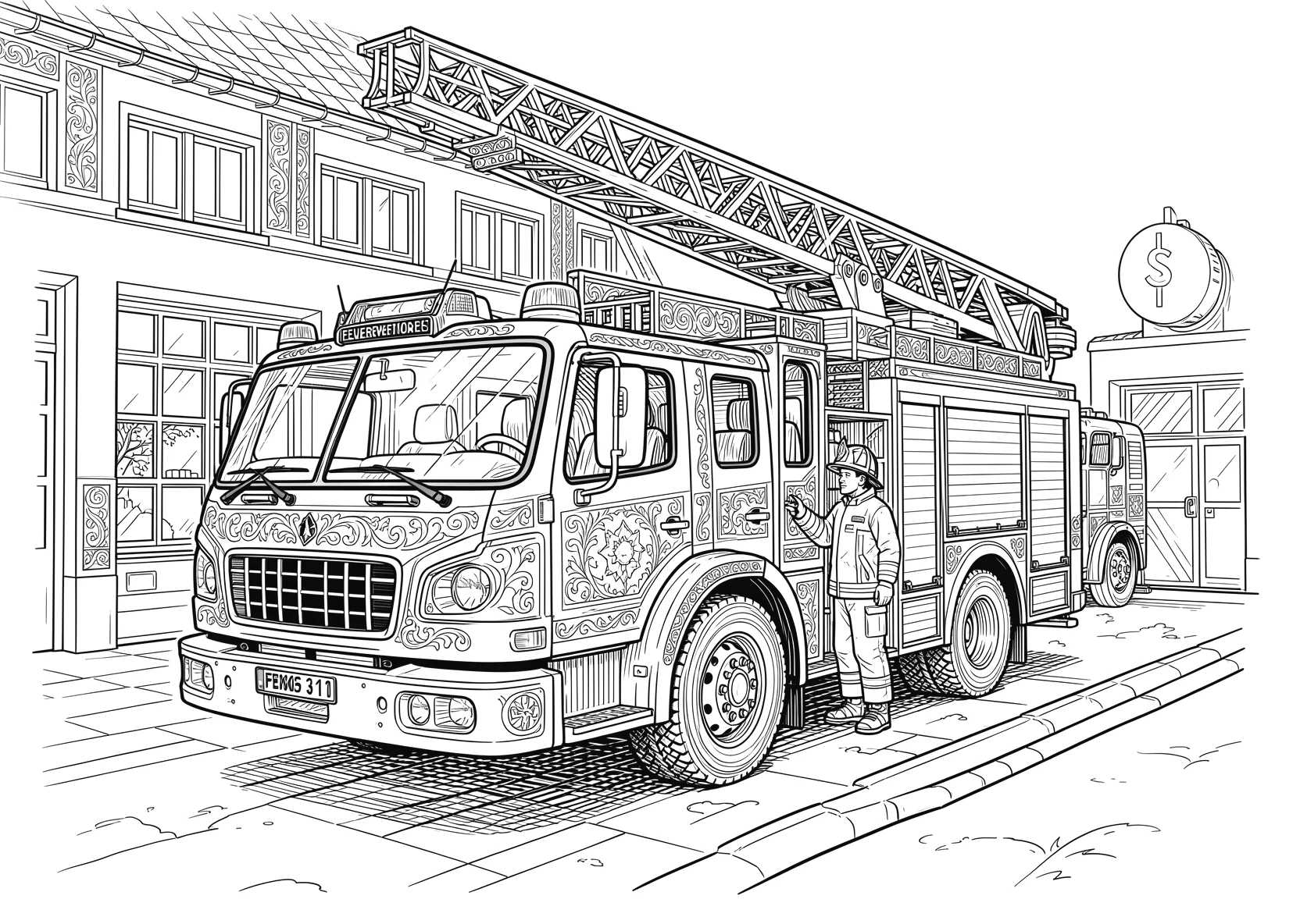 Ausmalbild Feuerwehrauto vor einer Feuerwehrstation mit - Ausmalbild aus der Kategorie Fahrzeuge - kostenlos ausdrucken