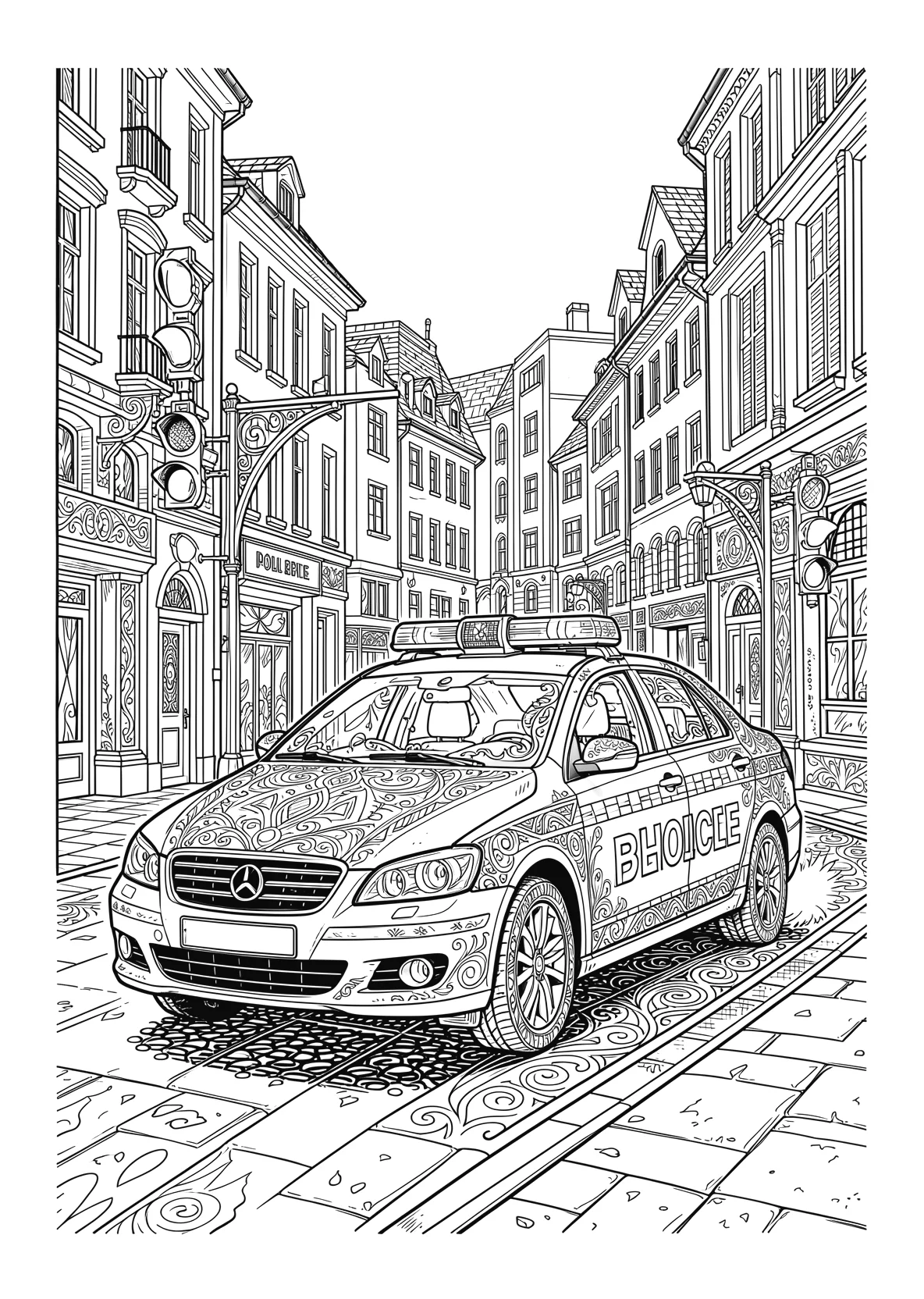 Ausmalbild Polizeiauto fährt durch eine Stadtstraße mit - Ausmalbild aus der Kategorie Fahrzeuge - kostenlos ausdrucken
