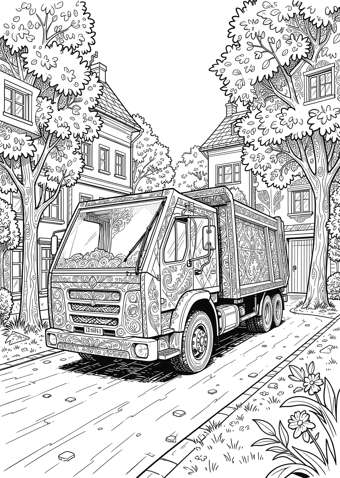 Ausmalbild Großer Müllwagen fährt durch eine Straße mit - Ausmalbild aus der Kategorie Fahrzeuge - kostenlos ausdrucken