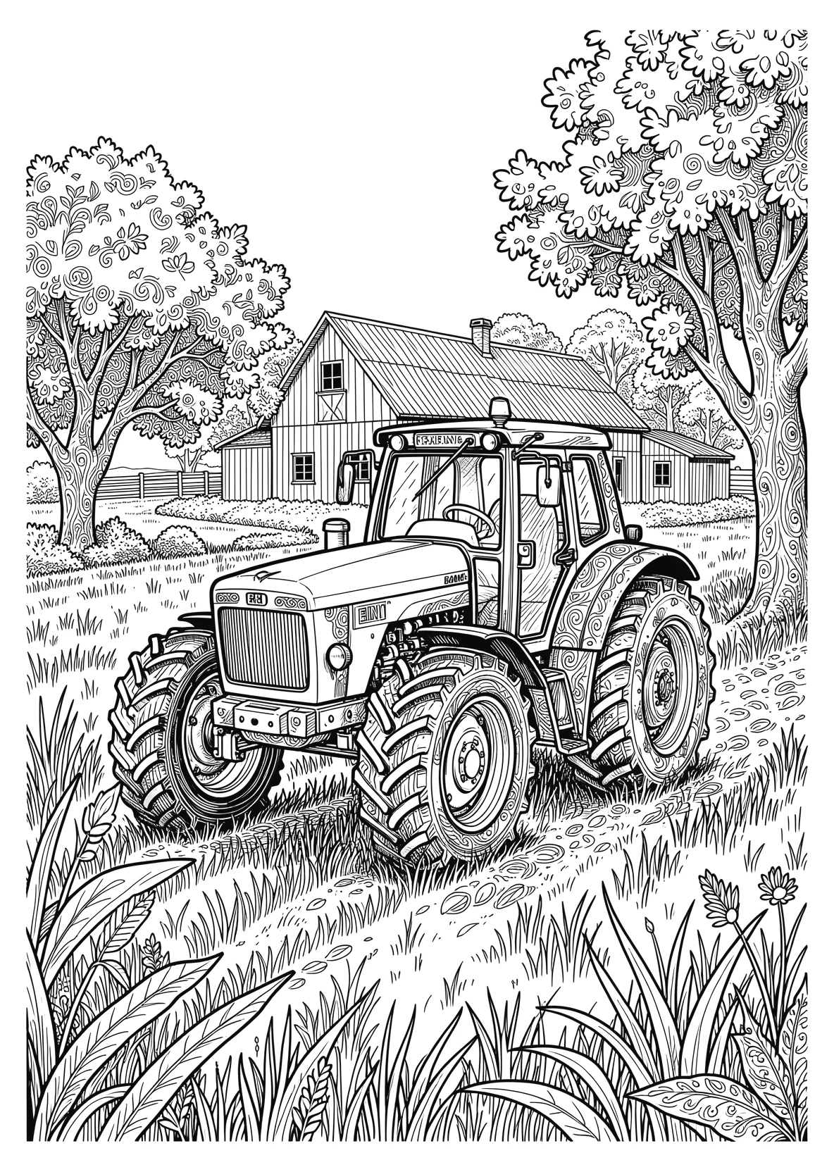 Ausmalbild Traktor fährt über ein Feld mit Scheune - Ausmalbild aus der Kategorie Fahrzeuge - kostenlos ausdrucken