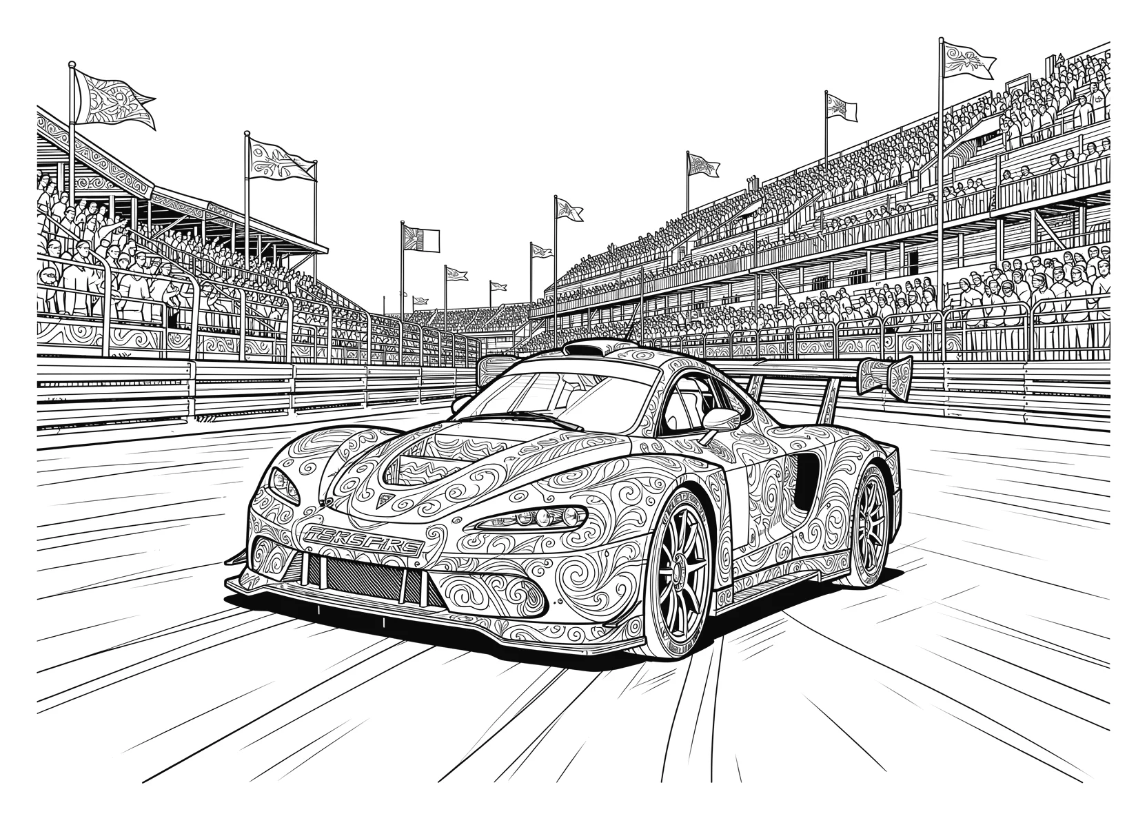 Ausmalbild Rennwagen fährt über eine Rennstrecke mit Tribüne - Ausmalbild aus der Kategorie Fahrzeuge - kostenlos ausdrucken
