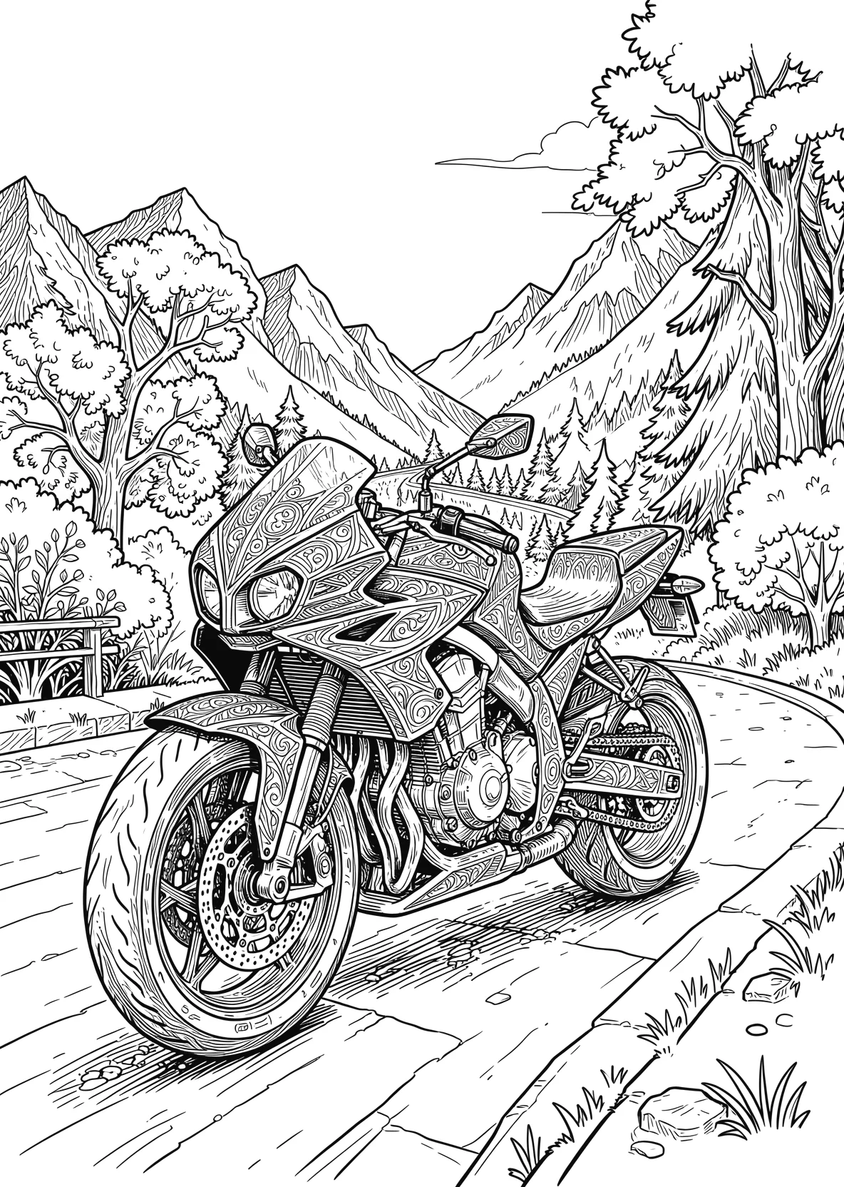 Ausmalbild Motorrad steht auf einer Straße mit Bergen - Ausmalbild aus der Kategorie Fahrzeuge - kostenlos ausdrucken