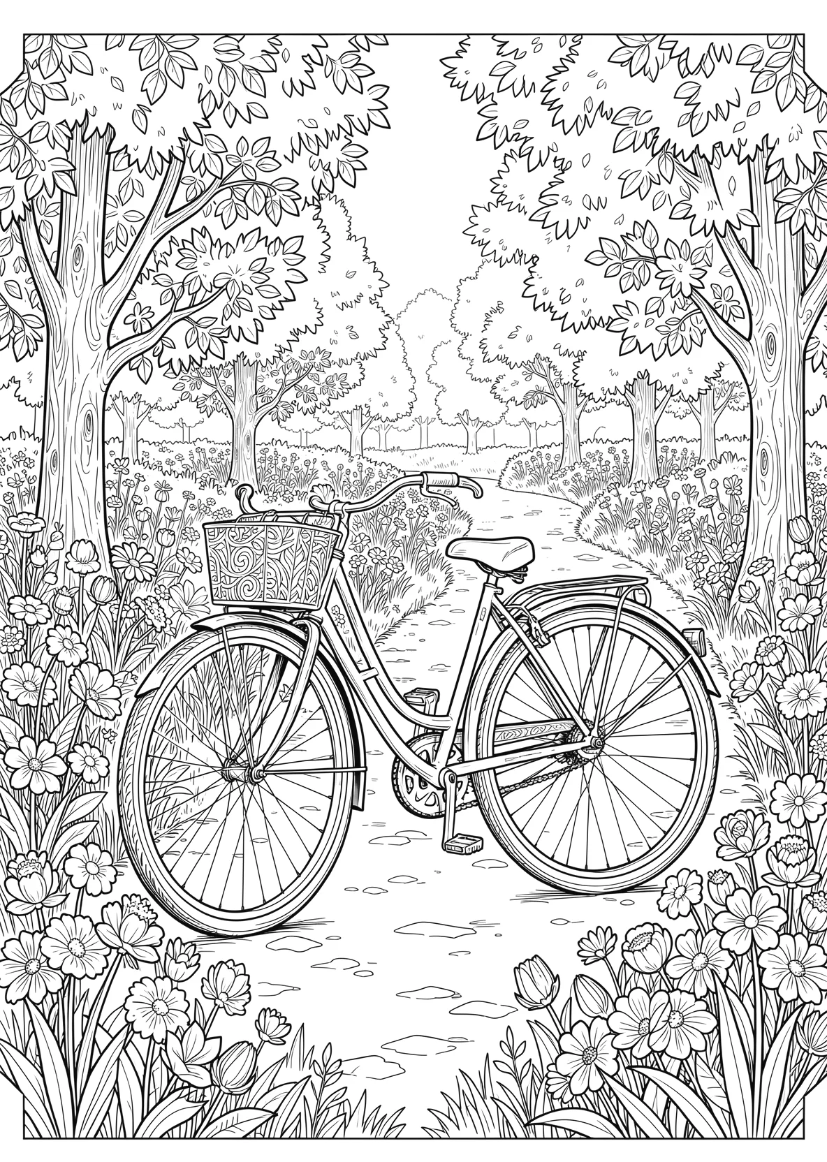 Ausmalbild Fahrrad steht in einem Park mit Blumen - Ausmalbild aus der Kategorie Fahrzeuge - kostenlos ausdrucken