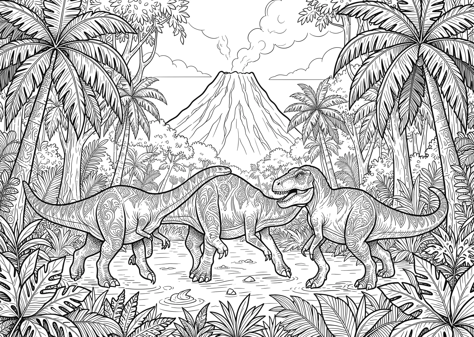 Ausmalbild Mehrere Dinosaurier laufen durch einen Urwald mit - Ausmalbild aus der Kategorie Tiere - kostenlos ausdrucken