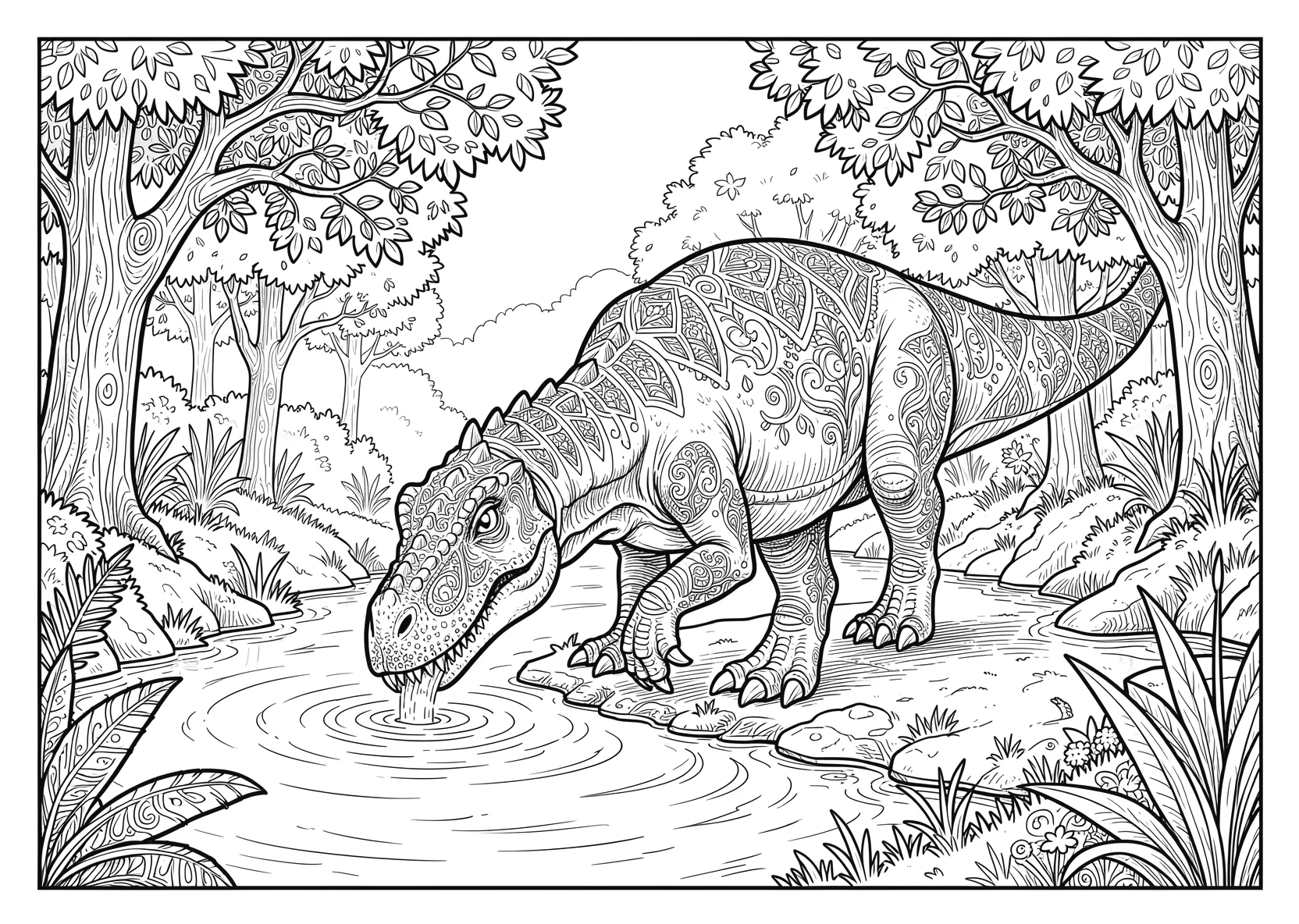 Ausmalbild Dinosaurier trinkt Wasser aus einem Fluss mit - Ausmalbild aus der Kategorie Tiere - kostenlos ausdrucken