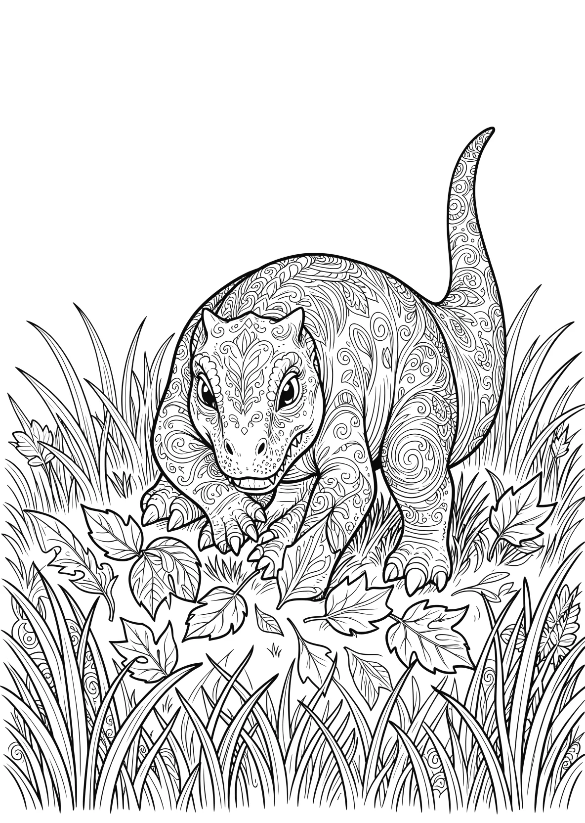 Ausmalbild Dino-Baby spielt mit Blättern auf einer Wiese - Ausmalbild aus der Kategorie Tiere - kostenlos ausdrucken