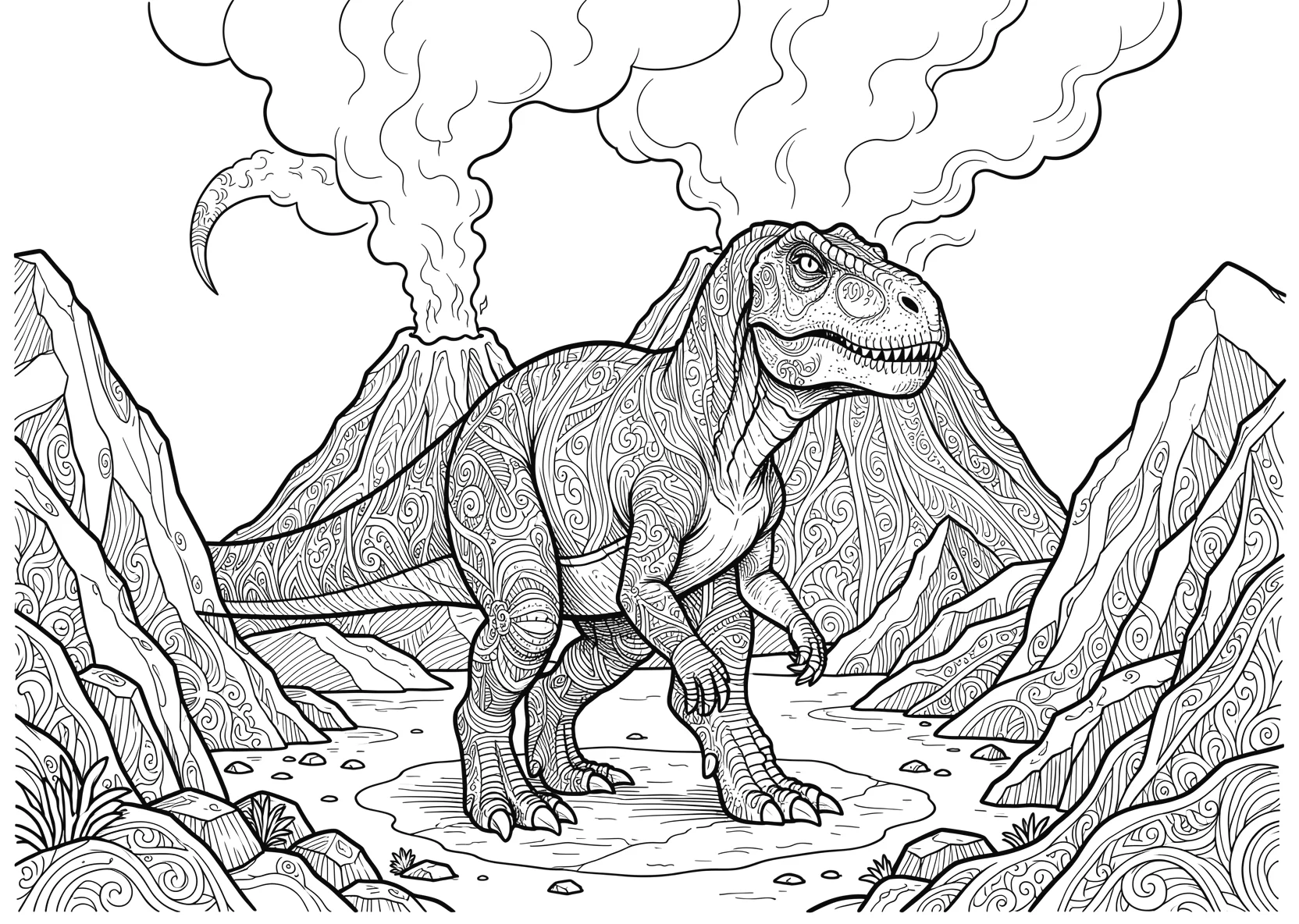 Ausmalbild Dinosaurier steht vor einem Vulkan mit Rauch - Ausmalbild aus der Kategorie Tiere - kostenlos ausdrucken