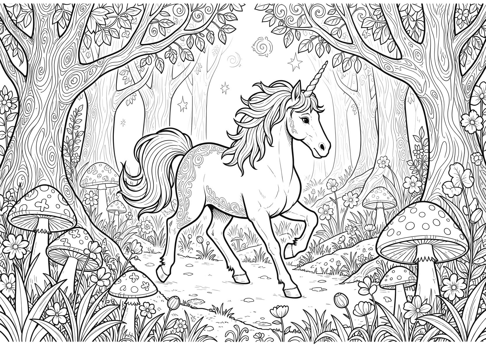 Ausmalbild Einhorn läuft durch einen Zauberwald mit Pilzen - Ausmalbild aus der Kategorie Maerchen - kostenlos ausdrucken