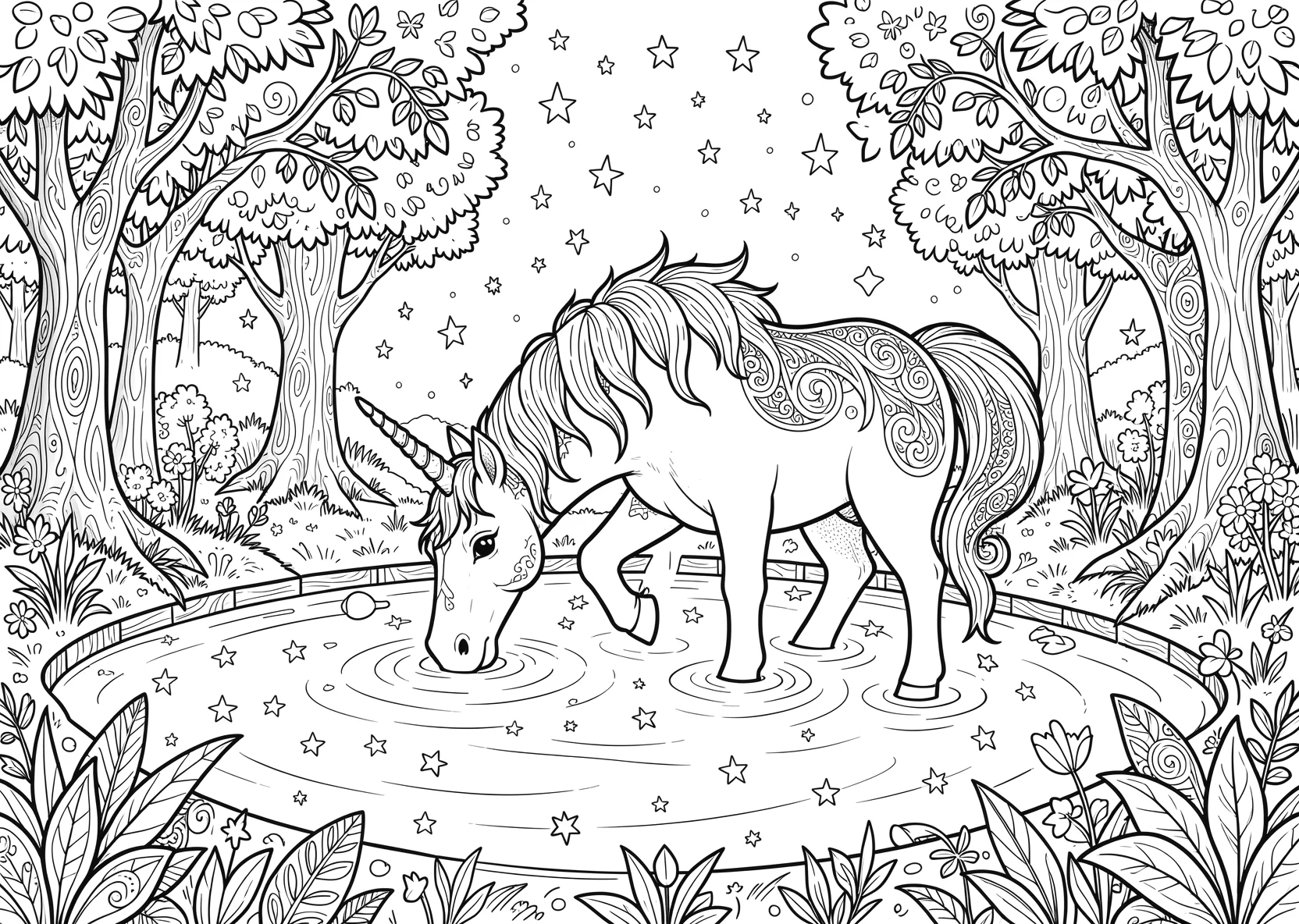 Ausmalbild Einhorn trinkt aus einem magischen See mit Sternen - Ausmalbild aus der Kategorie Maerchen - kostenlos ausdrucken