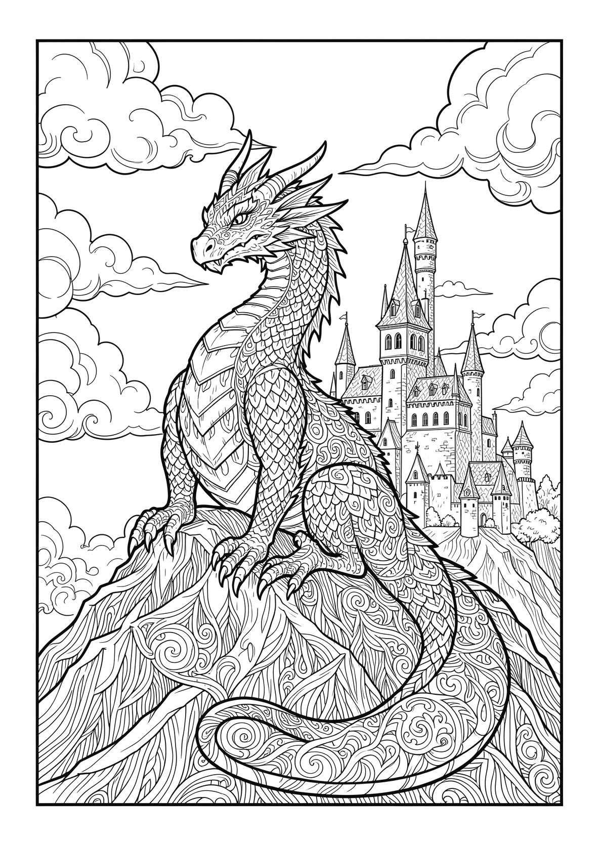 Ausmalbild Drache sitzt auf einem Berg vor einer Burg mit - Ausmalbild aus der Kategorie Maerchen - kostenlos ausdrucken