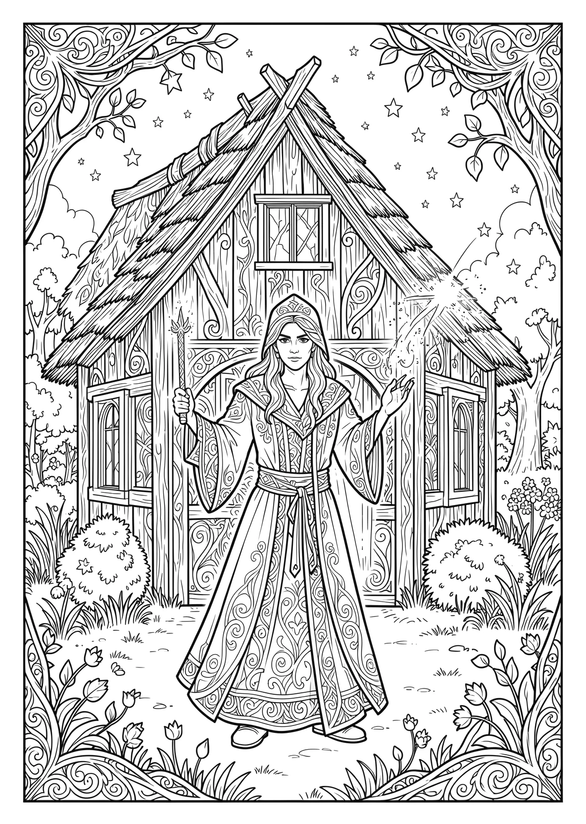 Ausmalbild Zauberer steht vor einer Hütte mit Zauberstab - Ausmalbild aus der Kategorie Maerchen - kostenlos ausdrucken