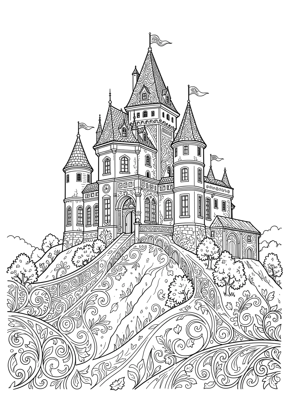 Ausmalbild Schloss auf einem Hügel mit Türmen und Fahnen - Ausmalbild aus der Kategorie Maerchen - kostenlos ausdrucken