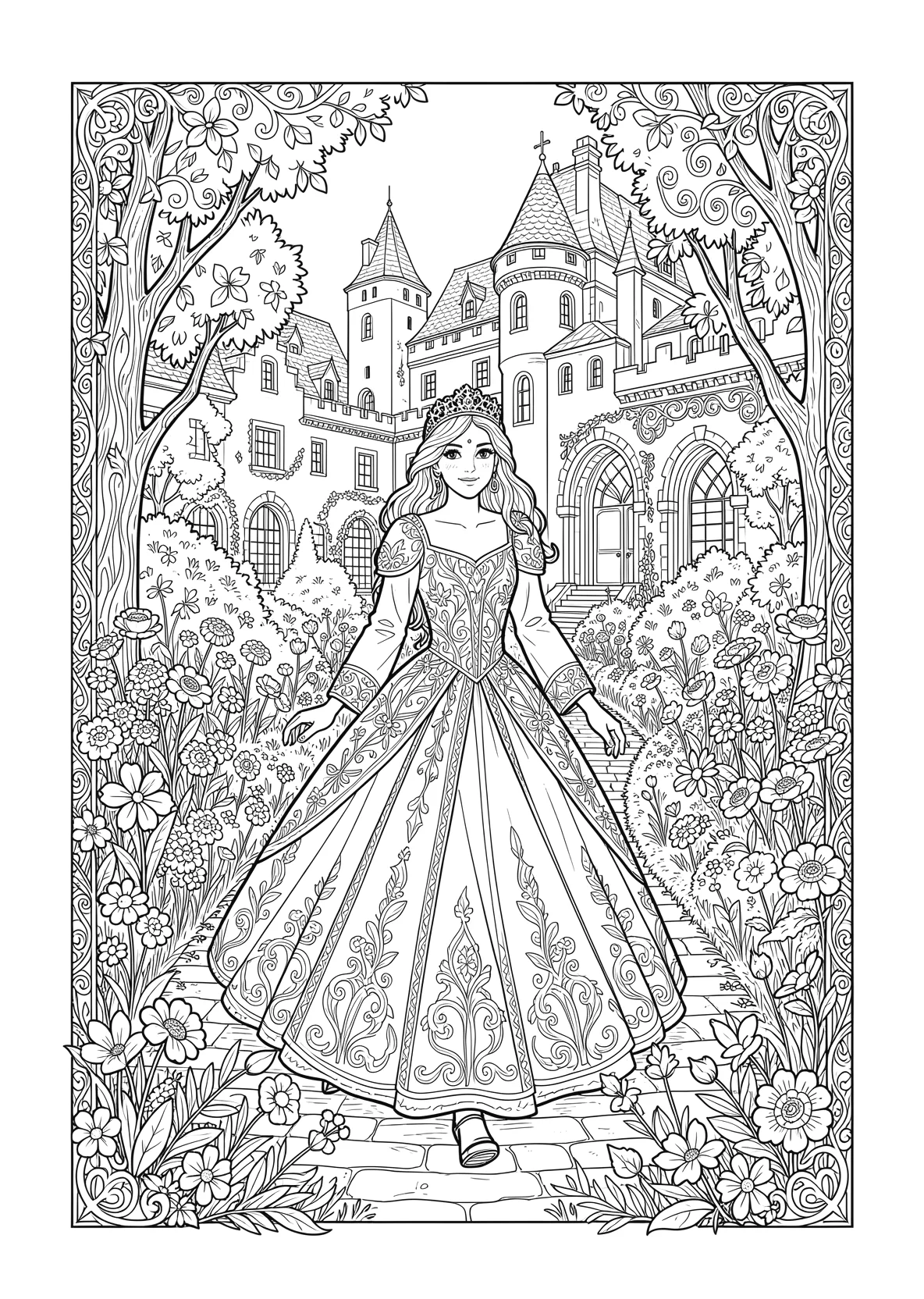 Ausmalbild Prinzessin läuft durch einen Schlossgarten mit - Ausmalbild aus der Kategorie Maerchen - kostenlos ausdrucken