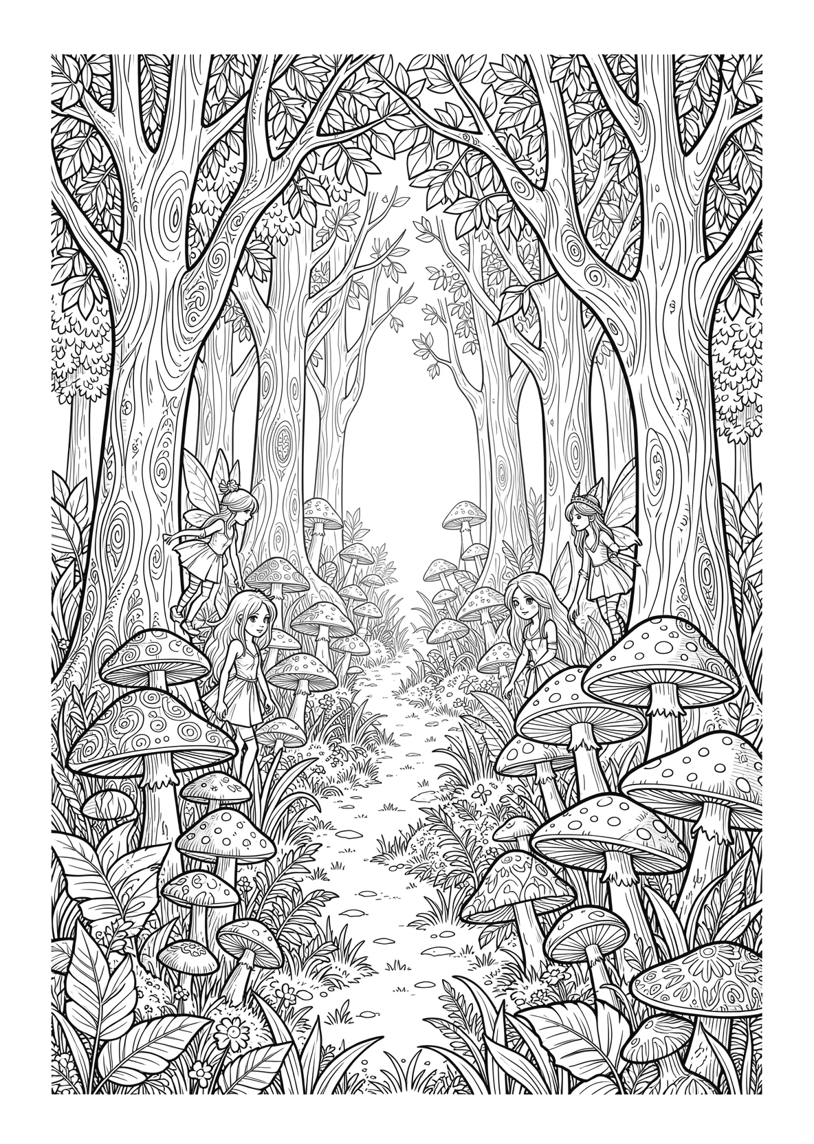 Ausmalbild Zauberwald mit Pilzen - Ausmalbild aus der Kategorie Maerchen - kostenlos ausdrucken