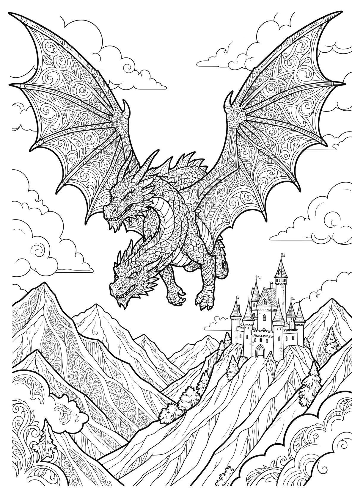 Ausmalbild Drache fliegt über Berge mit Wolken - Ausmalbild aus der Kategorie Maerchen - kostenlos ausdrucken