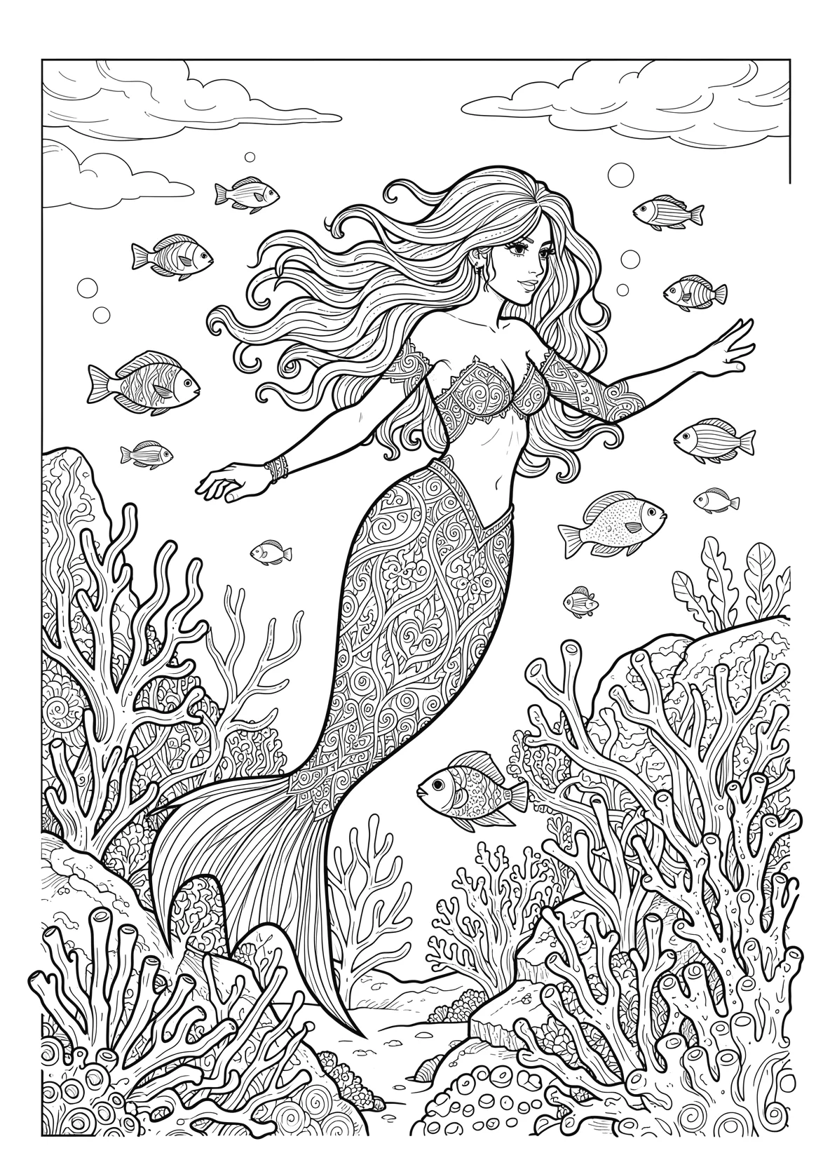 Ausmalbild Meerjungfrau schwimmt im Meer mit Korallen - Ausmalbild aus der Kategorie Maerchen - kostenlos ausdrucken
