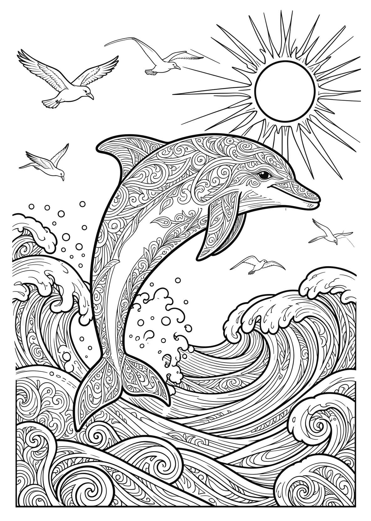 Ausmalbild Delfin springt über Wellen mit Möwen - Ausmalbild aus der Kategorie Tiere - kostenlos ausdrucken