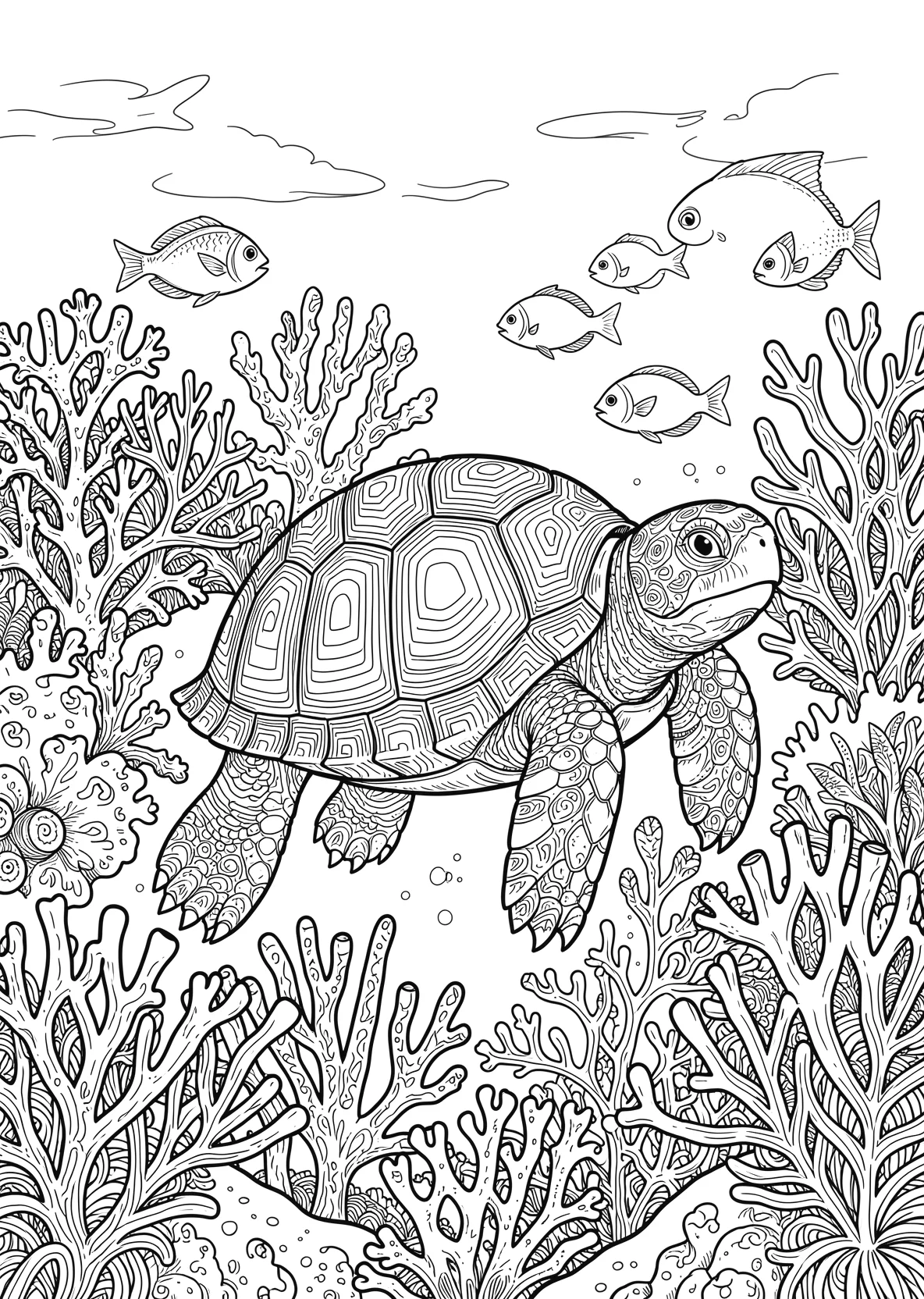 Ausmalbild Schildkröte schwimmt zwischen Korallen - Ausmalbild aus der Kategorie Tiere - kostenlos ausdrucken