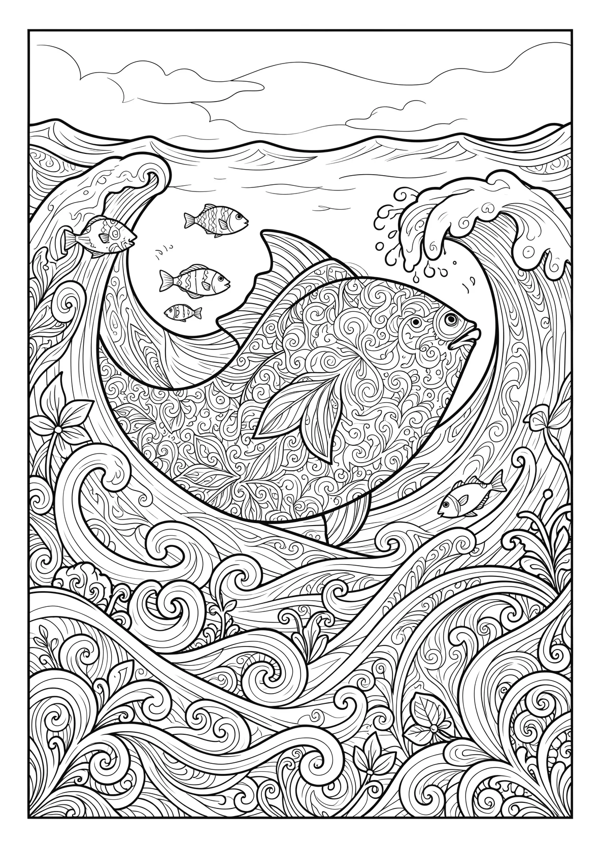 Ausmalbild Wal schwimmt im Ozean mit kleinen Fischen - Ausmalbild aus der Kategorie Tiere - kostenlos ausdrucken