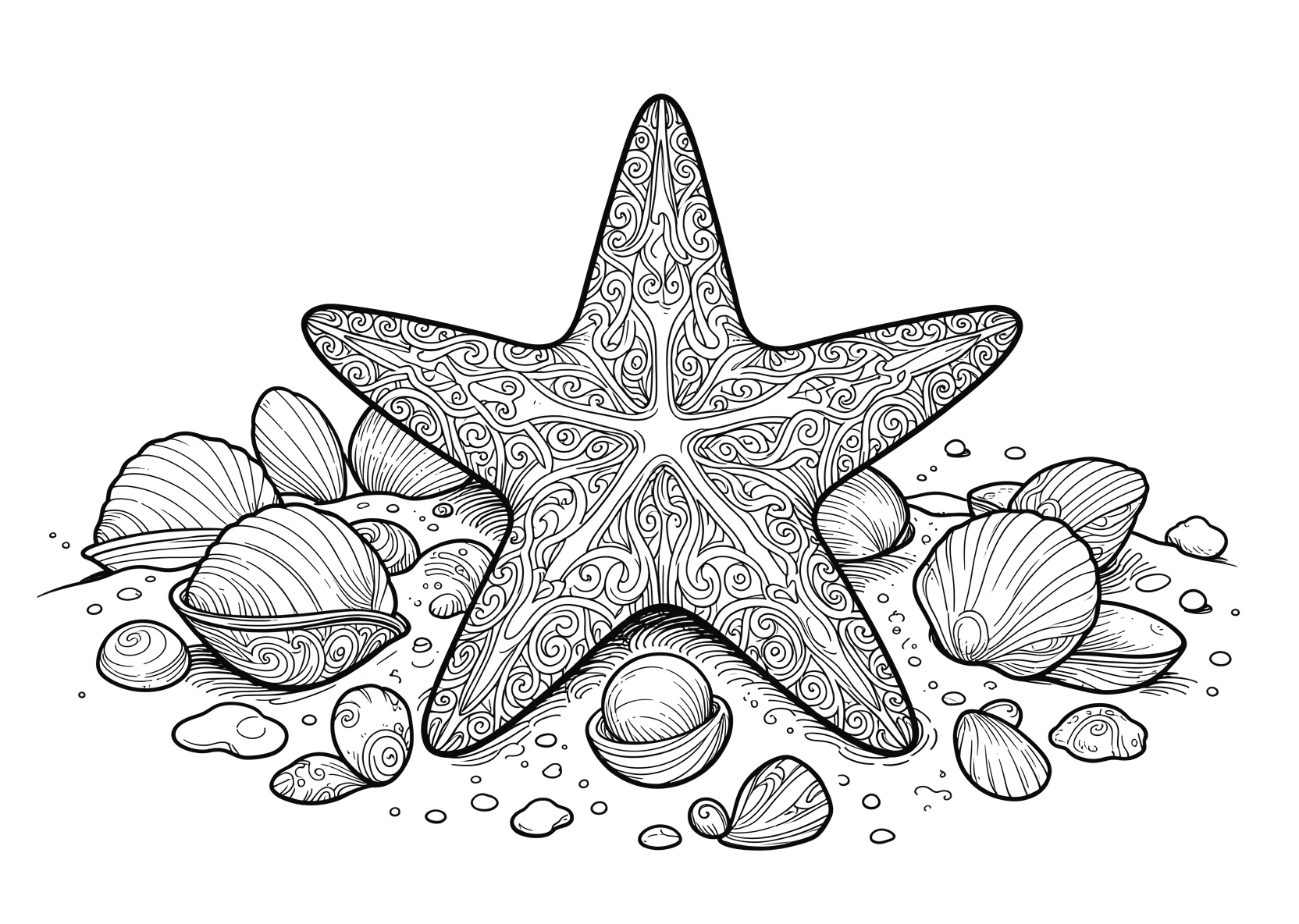 Ausmalbild Seestern liegt auf dem Meeresboden mit Muscheln - Ausmalbild aus der Kategorie Natur - kostenlos ausdrucken