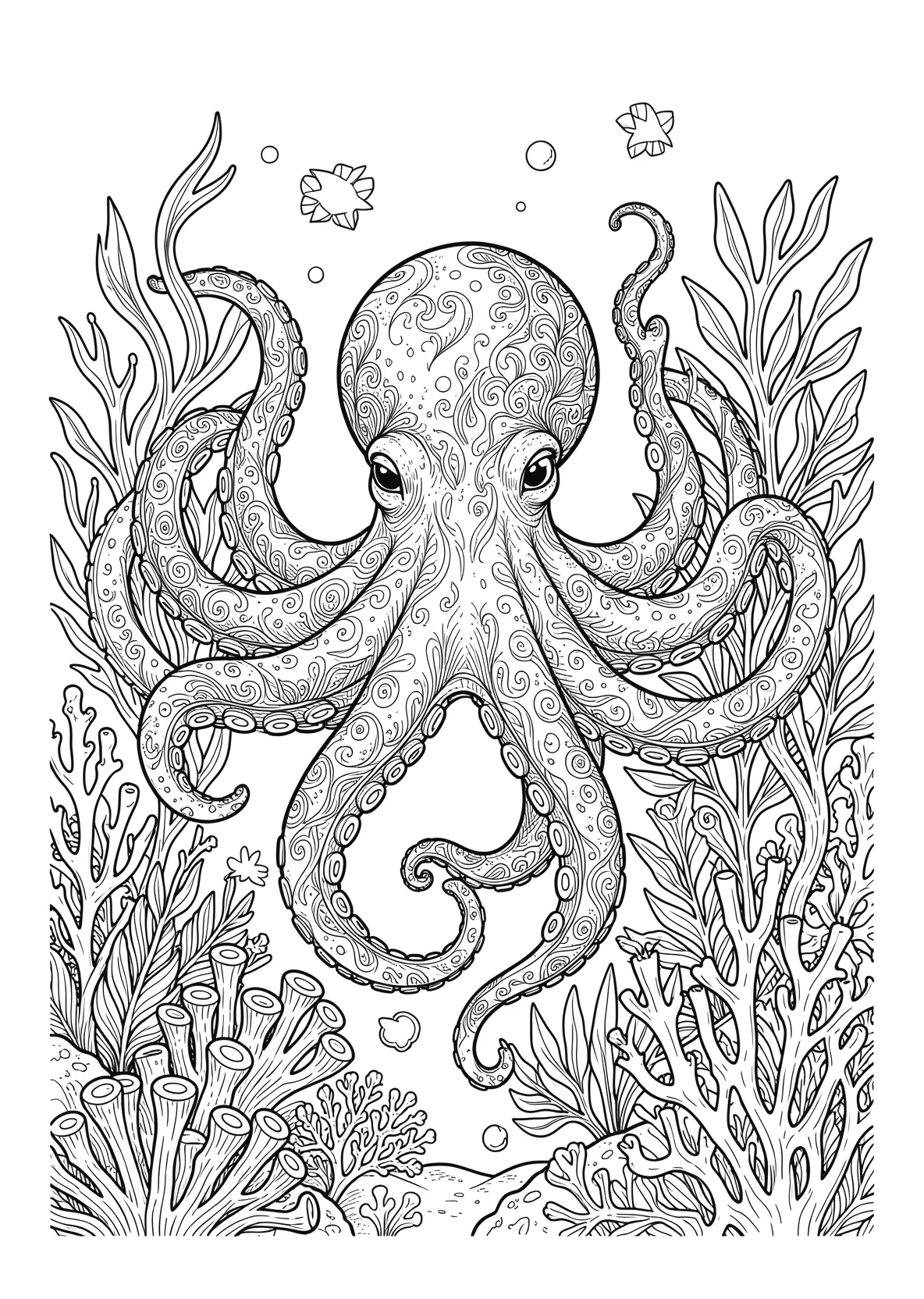 Ausmalbild Oktopus schwimmt zwischen Korallen und Algen - Ausmalbild aus der Kategorie Tiere - kostenlos ausdrucken