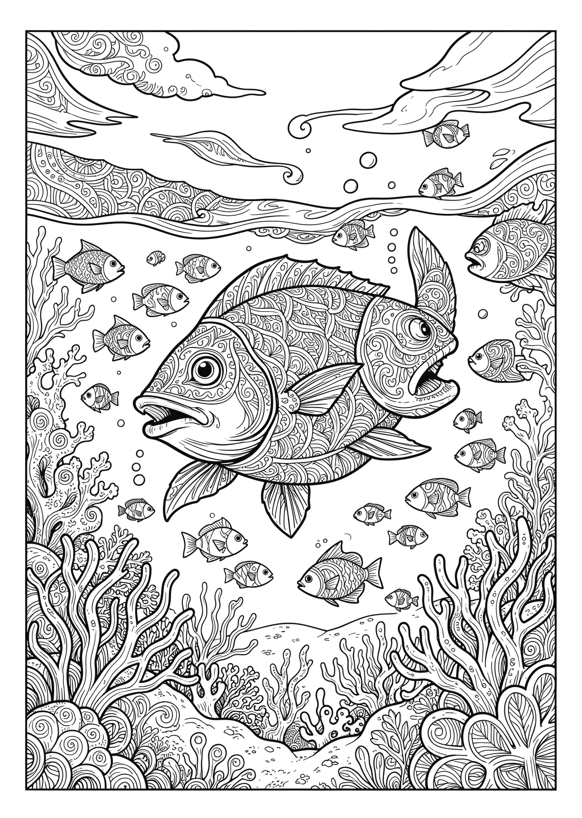 Ausmalbild Hai schwimmt im Meer mit kleinen Fischen - Ausmalbild aus der Kategorie Tiere - kostenlos ausdrucken