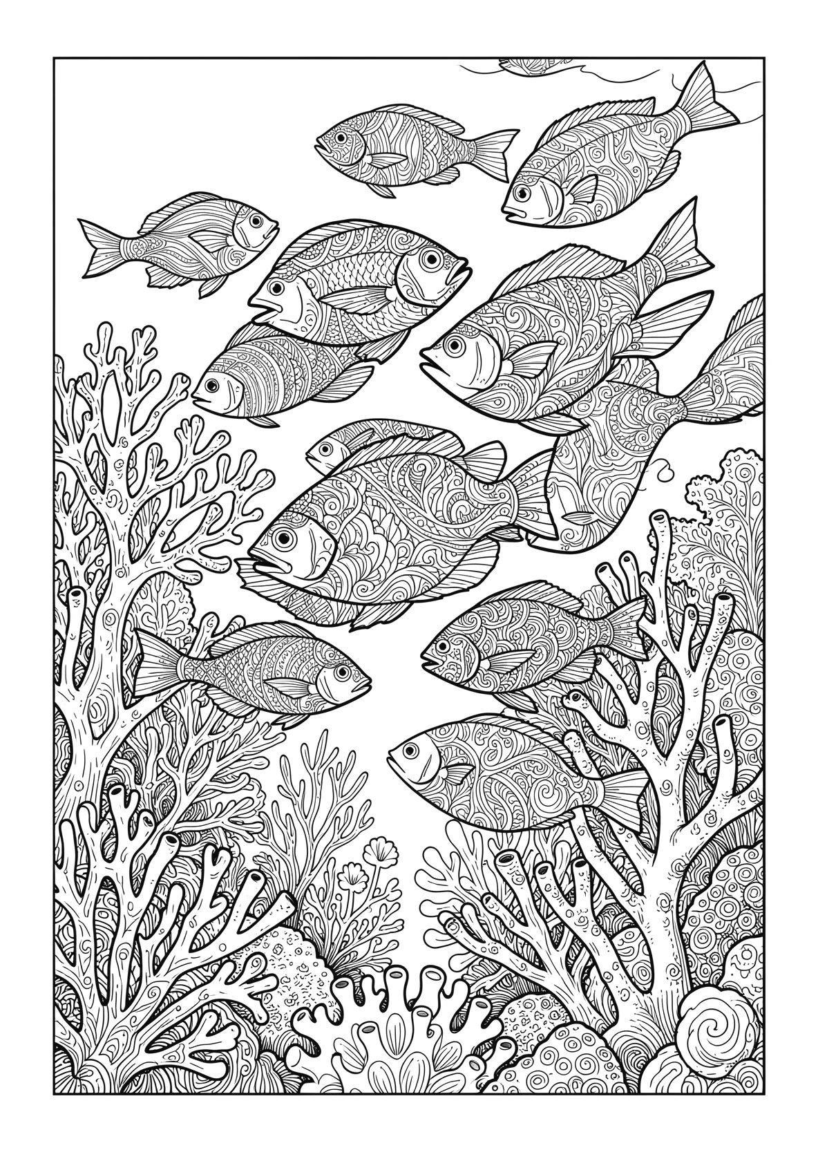 Ausmalbild Fischschwarm schwimmt durch Korallenriffe - Ausmalbild aus der Kategorie Tiere - kostenlos ausdrucken