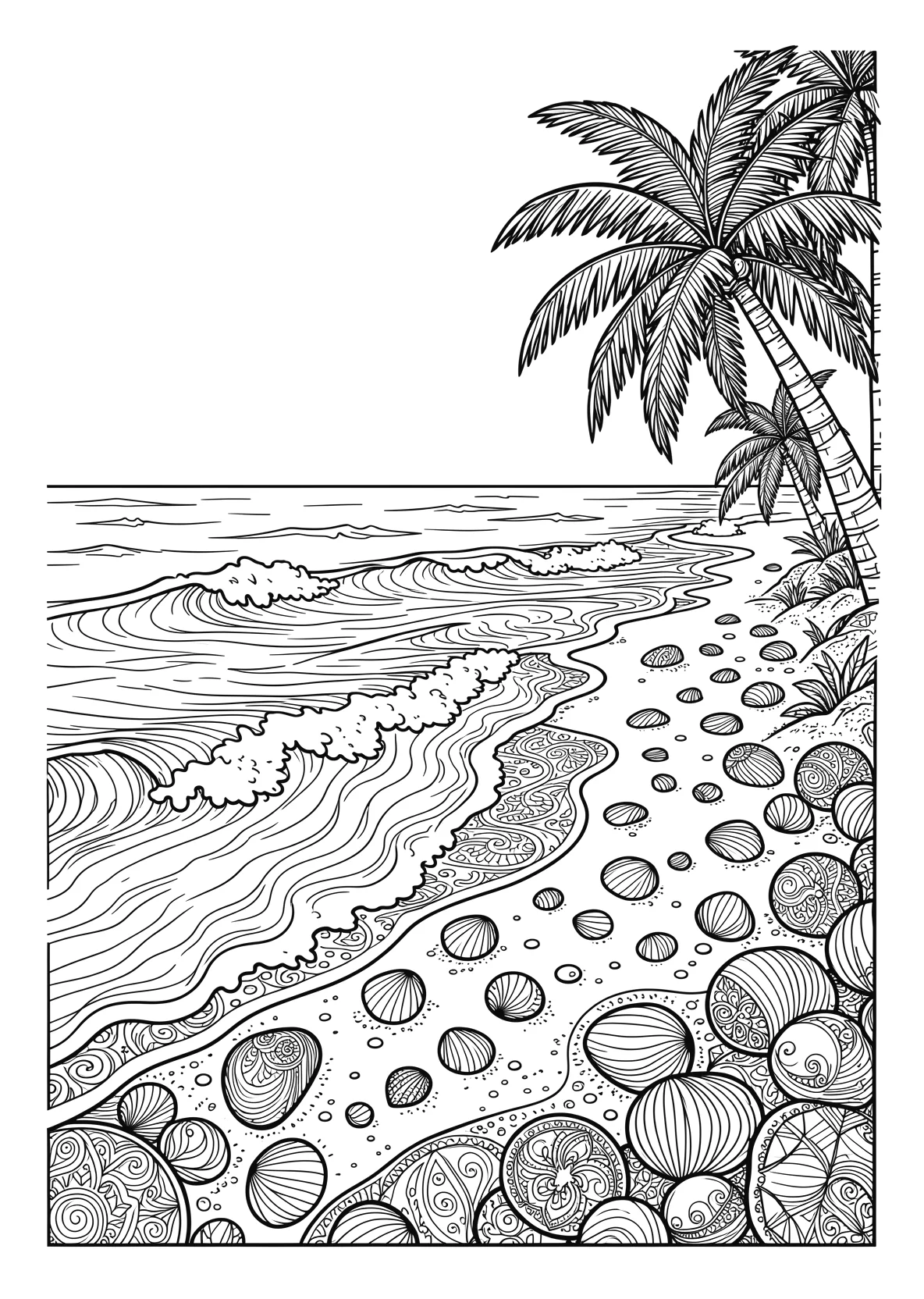 Ausmalbild Strand mit Muscheln, Wellen und Palmen - Ausmalbild aus der Kategorie Natur - kostenlos ausdrucken