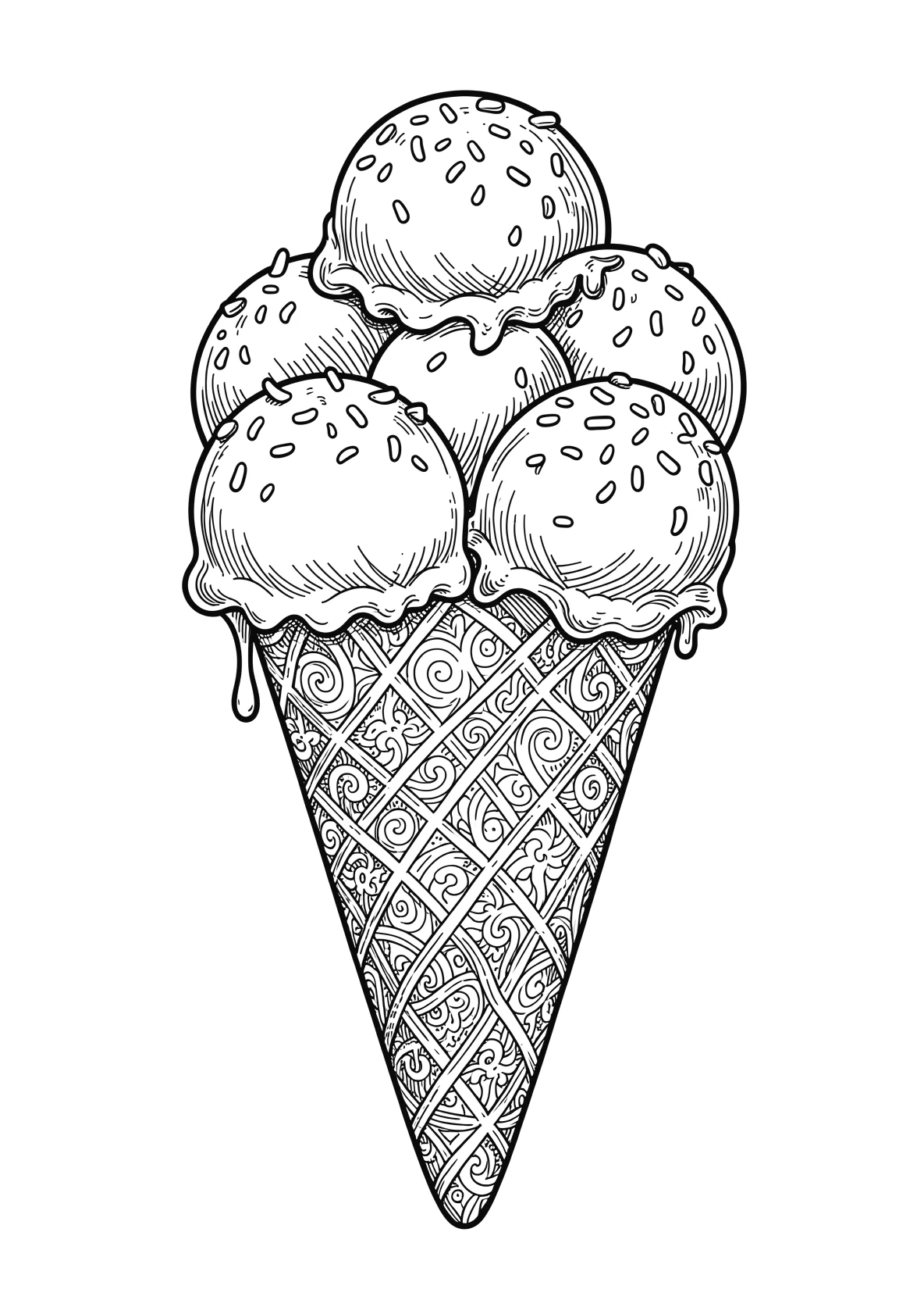 Ausmalbild Eistüte mit mehreren Kugeln Eis und Streuseln - Ausmalbild aus der Kategorie Essen - kostenlos ausdrucken