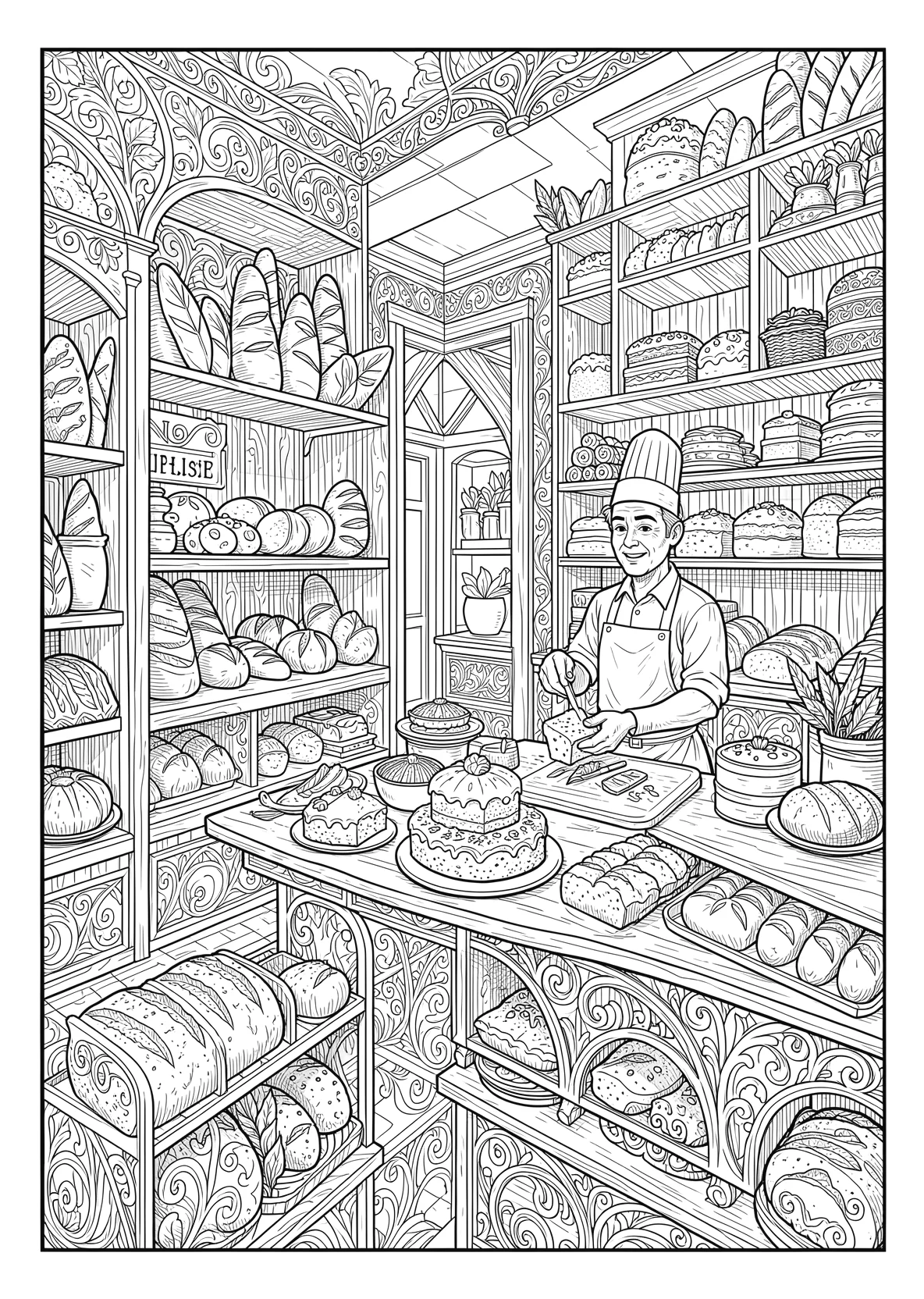 Ausmalbild Bäckerei mit Brot, Kuchen und einem Bäcker - Ausmalbild aus der Kategorie Essen - kostenlos ausdrucken