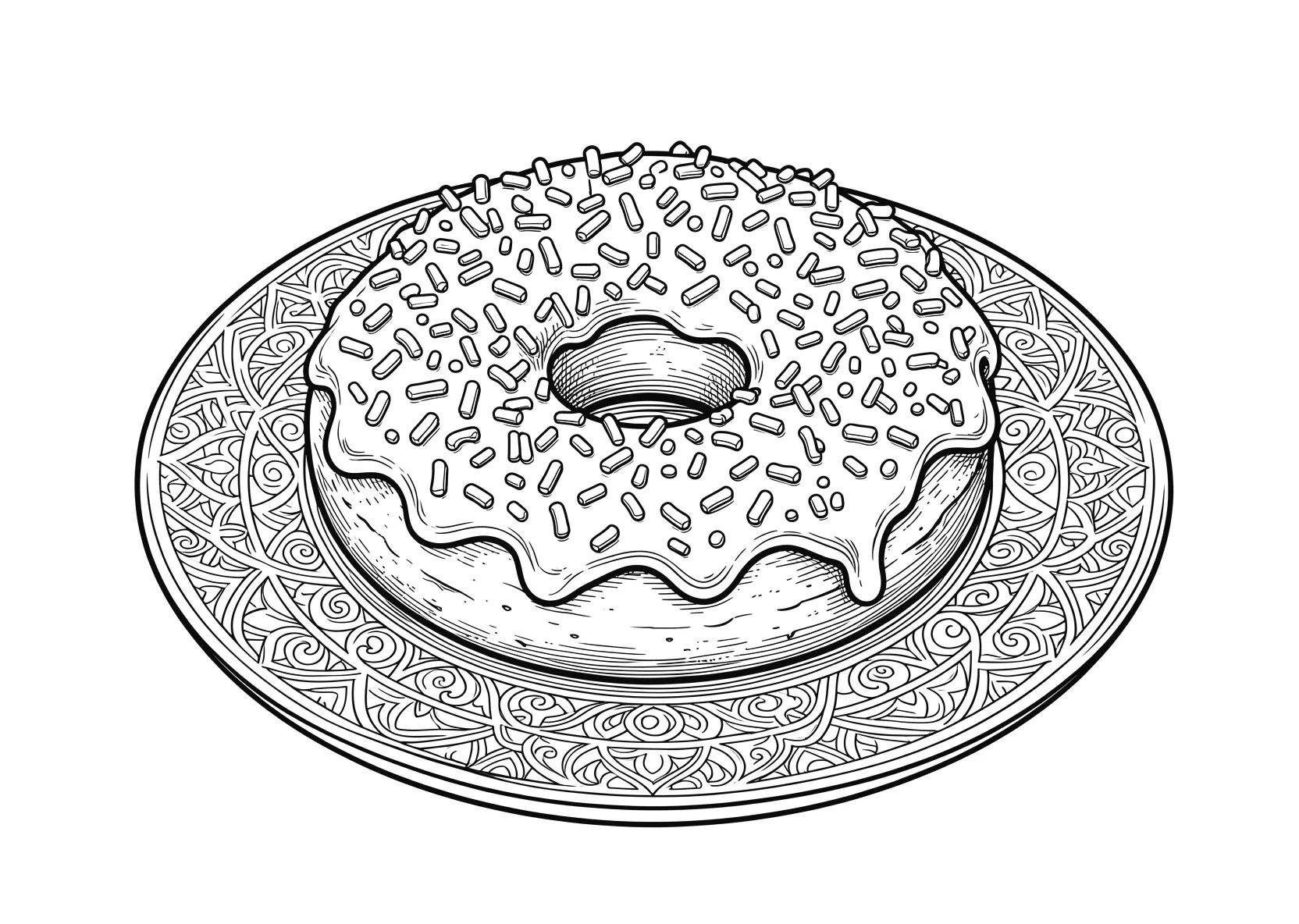 Ausmalbild Donut mit Streuseln auf einem Teller - Ausmalbild aus der Kategorie Essen - kostenlos ausdrucken