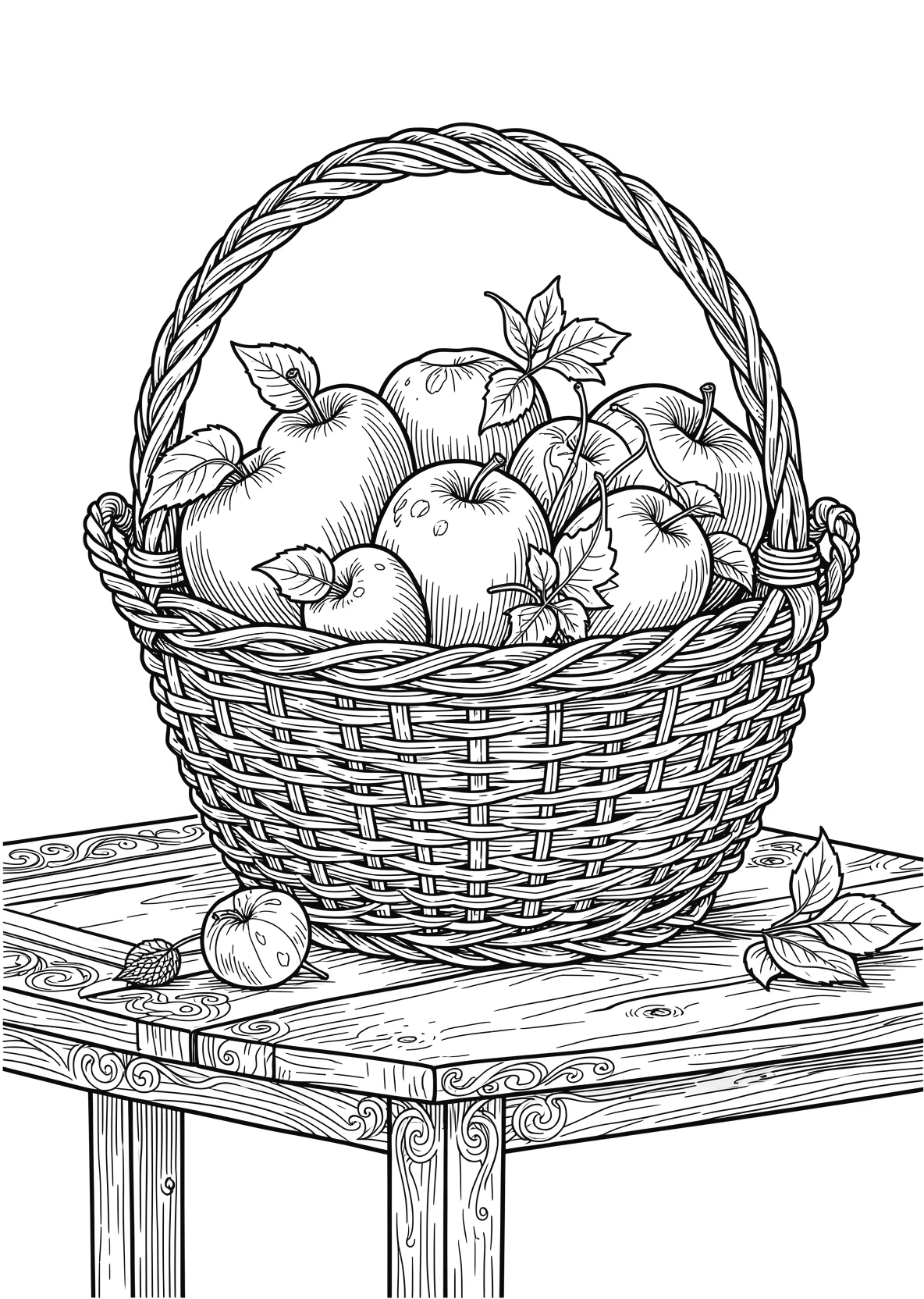 Ausmalbild Korb mit Äpfeln und Birnen auf einem Tisch - Ausmalbild aus der Kategorie Essen - kostenlos ausdrucken