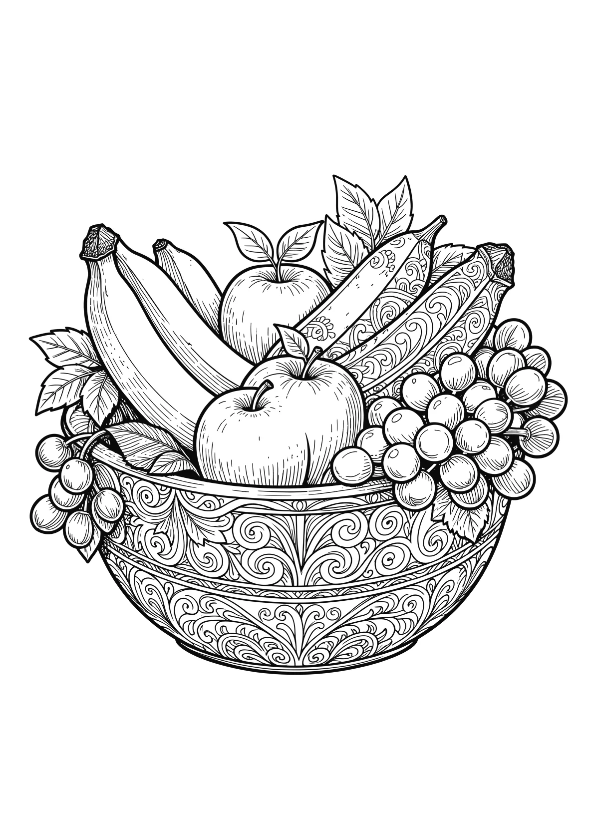 Ausmalbild Obstschale mit Bananen, Äpfeln und Trauben - Ausmalbild aus der Kategorie Essen - kostenlos ausdrucken