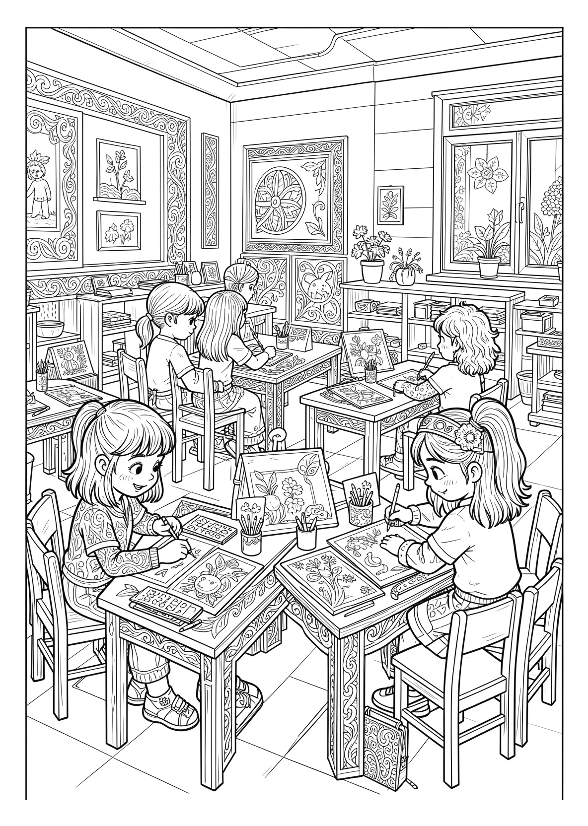 Ausmalbild Kinder sitzen an Tischen - Ausmalbild aus der Kategorie Berufe - kostenlos ausdrucken