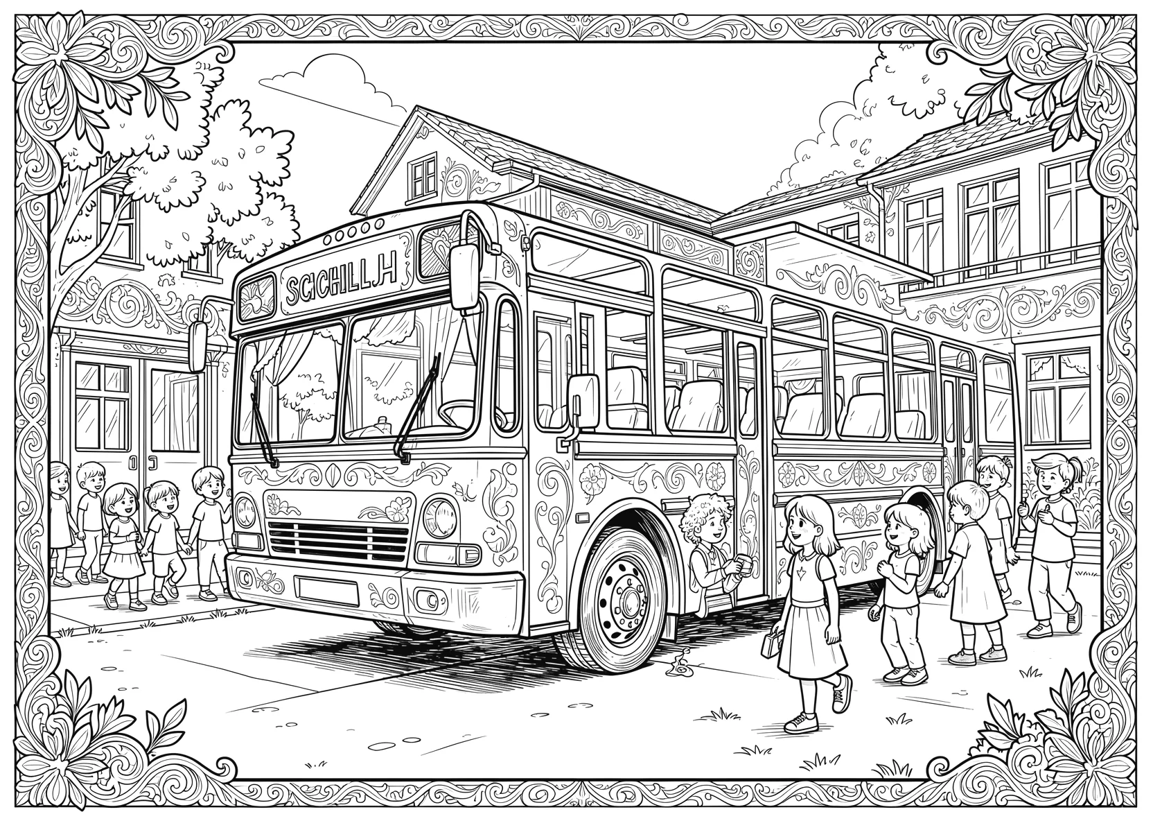 Ausmalbild Schulbus steht vor einer Schule mit Kindern - Ausmalbild aus der Kategorie Berufe - kostenlos ausdrucken