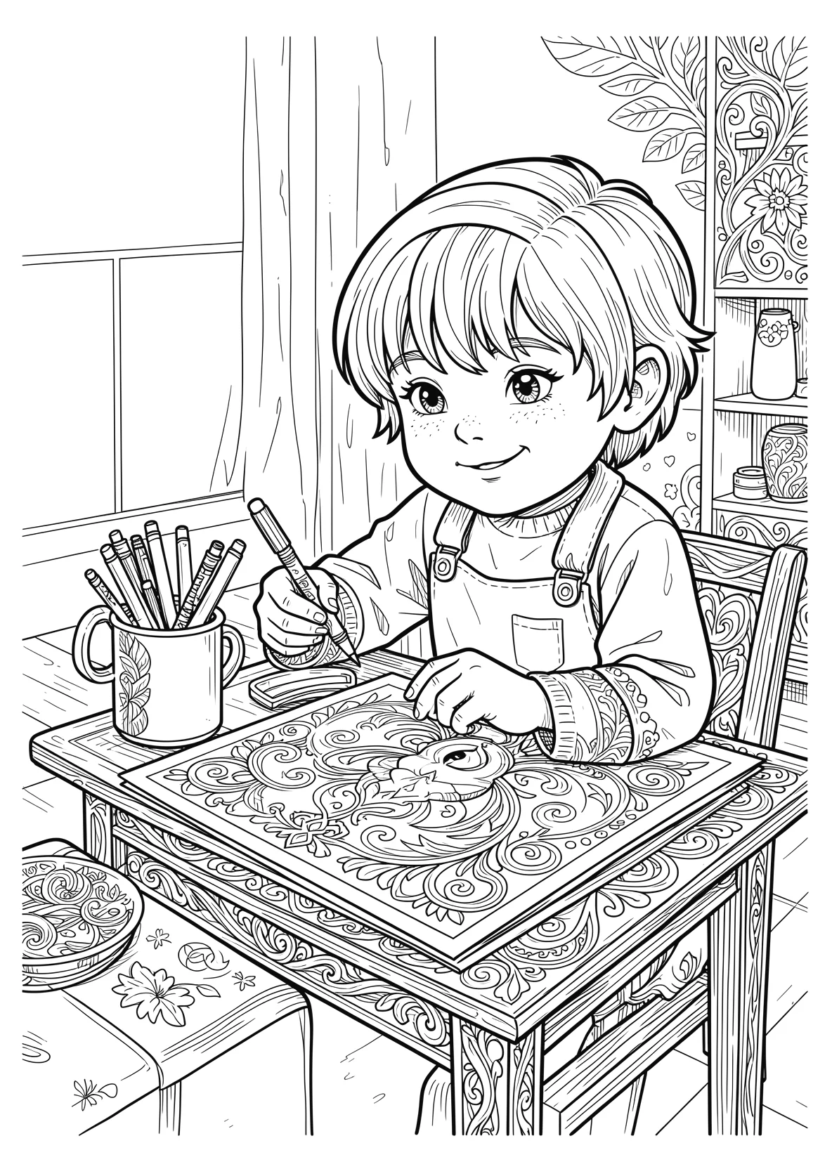 Ausmalbild Kind malt ein Bild an einem Tisch mit Stiften - Ausmalbild aus der Kategorie Sonstiges - kostenlos ausdrucken