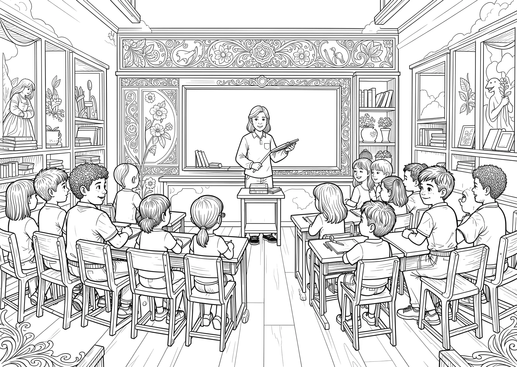 Ausmalbild Schulklasse mit Lehrer und Tafel - Ausmalbild aus der Kategorie Berufe - kostenlos ausdrucken