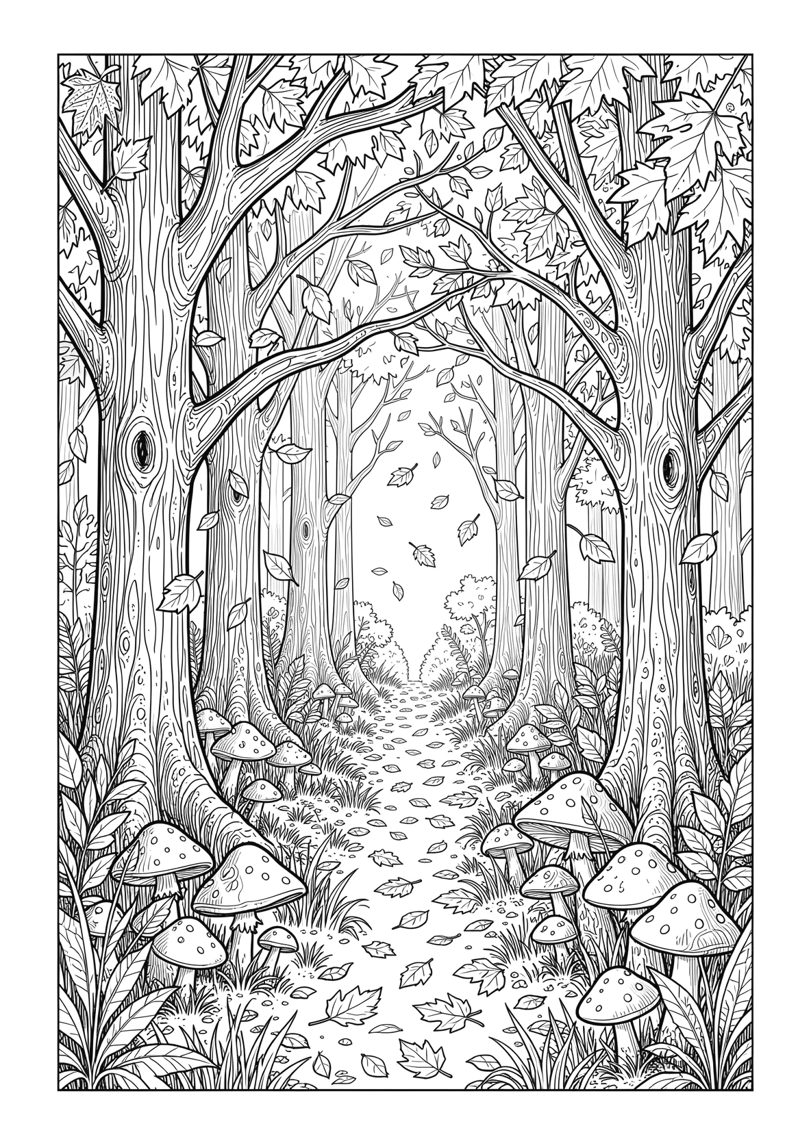 Ausmalbild Herbstwald mit fallenden Blättern - Ausmalbild aus der Kategorie Natur - kostenlos ausdrucken