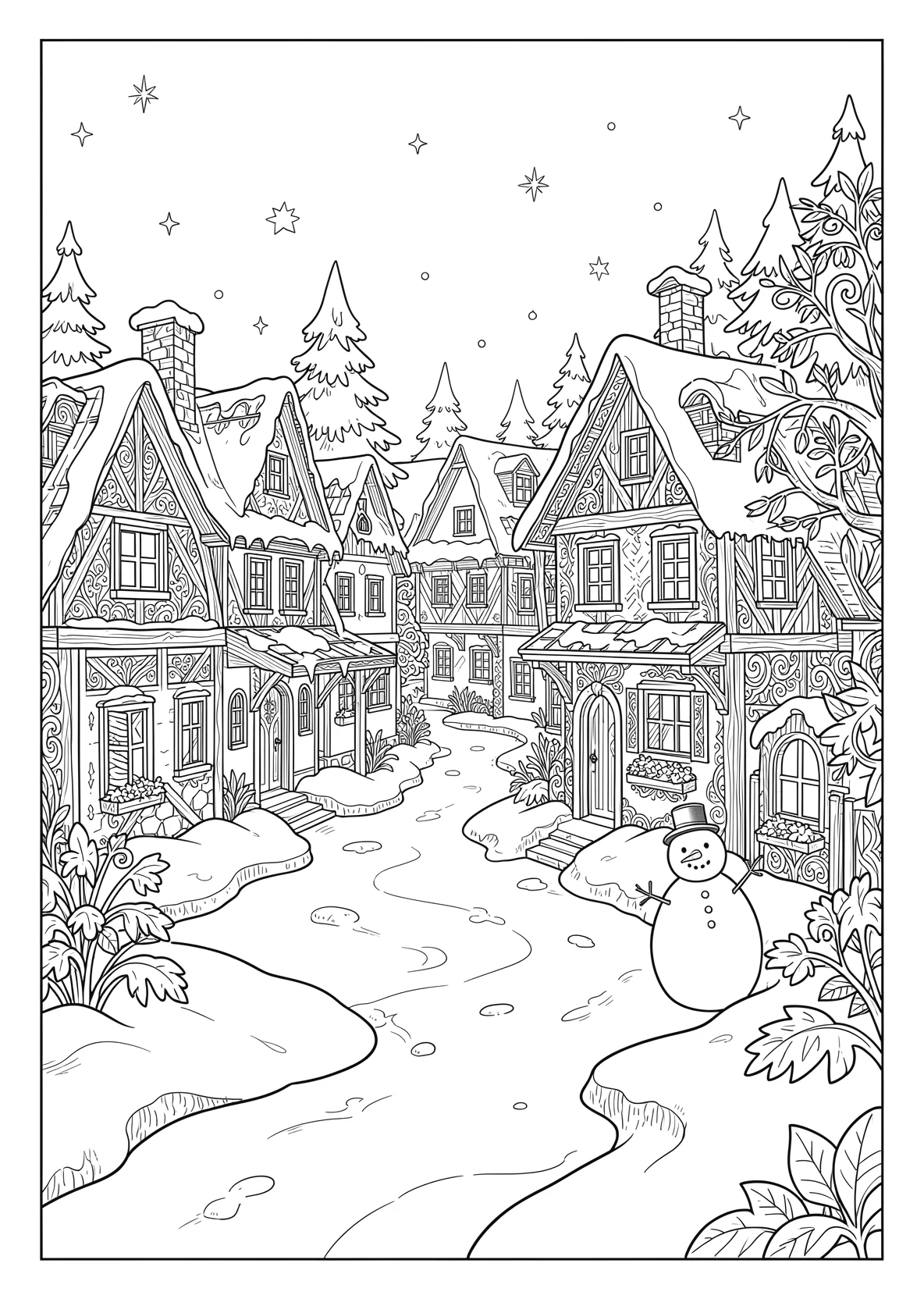 Ausmalbild Winterdorf mit Schnee, Häusern und Schneemann - Ausmalbild aus der Kategorie Natur - kostenlos ausdrucken