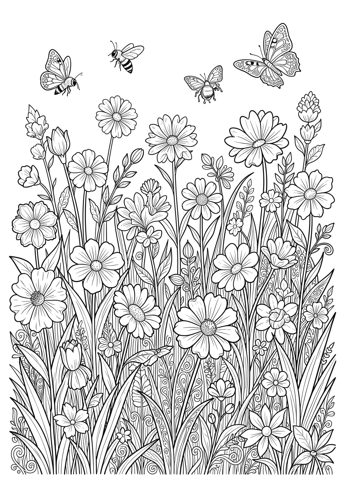 Ausmalbild Frühlingswiese mit Blumen - Ausmalbild aus der Kategorie Tiere - kostenlos ausdrucken