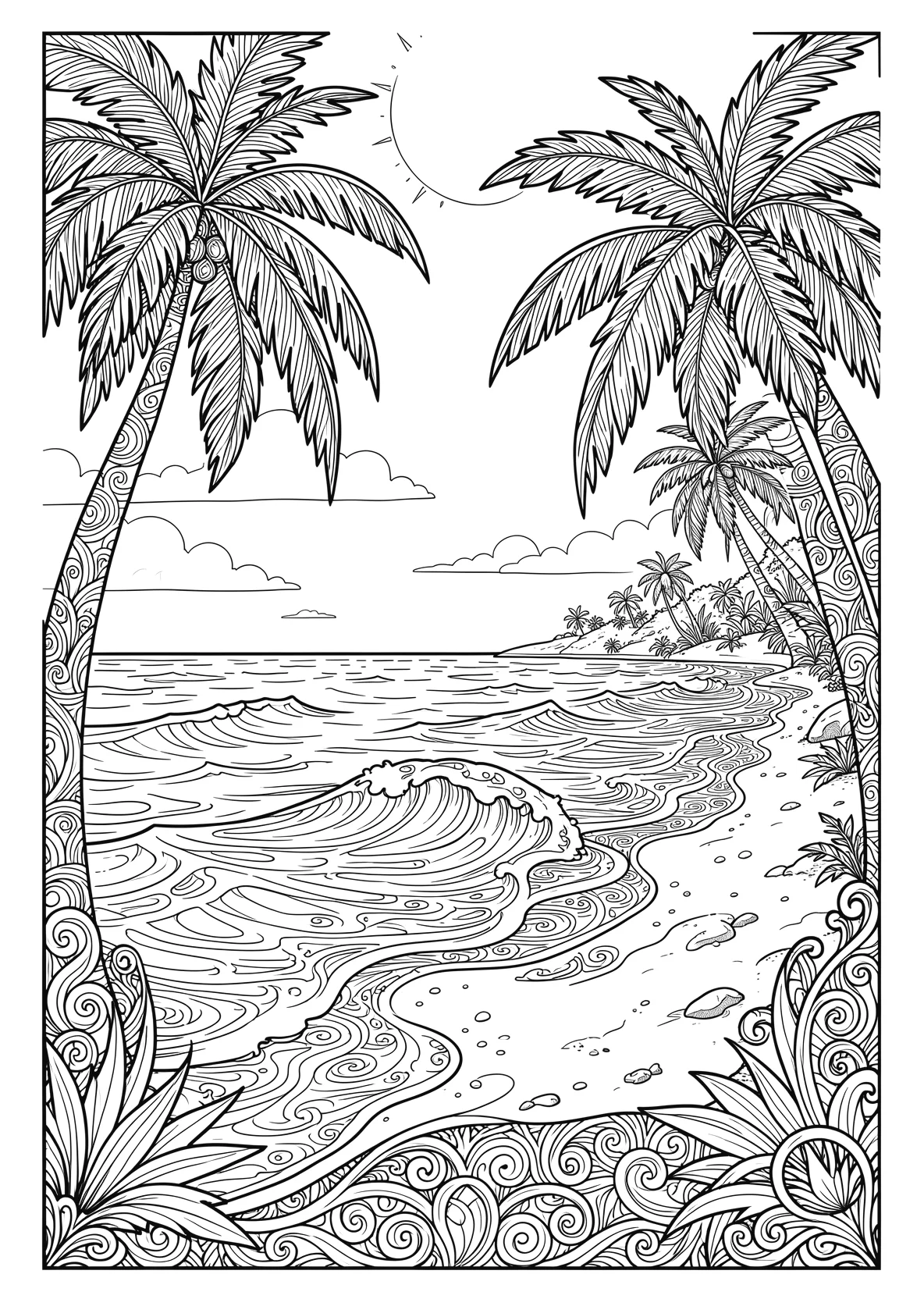 Ausmalbild Sommerstrand mit Palmen, Sonne und Wellen - Ausmalbild aus der Kategorie Natur - kostenlos ausdrucken