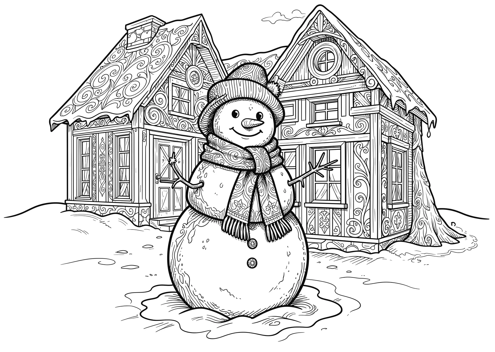 Ausmalbild Schneemann mit Hut und Schal vor einem Haus - Ausmalbild aus der Kategorie Natur - kostenlos ausdrucken