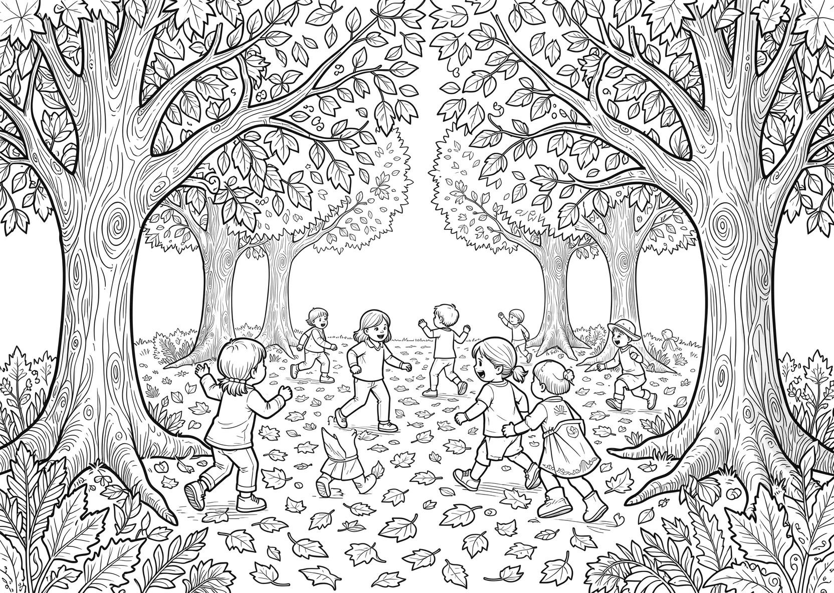 Ausmalbild Kinder spielen im Herbstlaub unter Bäumen - Ausmalbild aus der Kategorie Natur - kostenlos ausdrucken