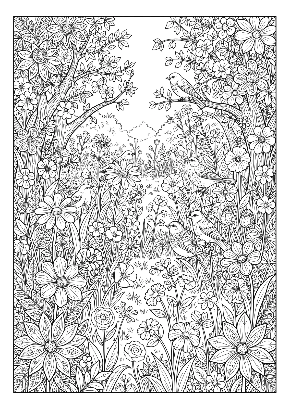 Ausmalbild Garten im Frühling mit Blumen und Vögeln - Ausmalbild aus der Kategorie Natur - kostenlos ausdrucken